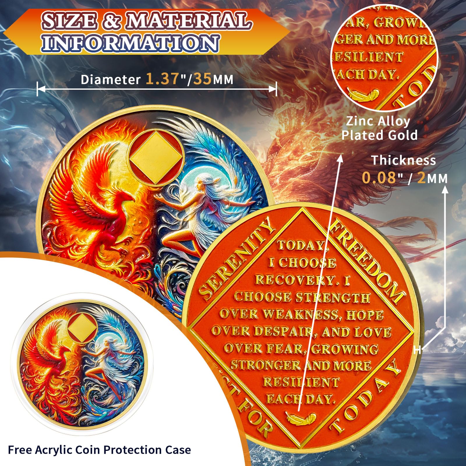 Moneda de afirmación de sobriedad, medallón con fichas AA NA de recuperación de adicciones de Phoenix con cápsula de fichas, hitos de aniversario sobrios anónimos de narcóticos, regalos de sobriedad