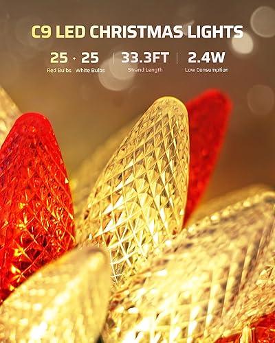 Miniatura 2 de DEWENWILS Luces de Navidad C9 rojas y blancas, 33.3 pies, 50 luces LED de cadena impermeables, luces de bombillas de Navidad para interiores y