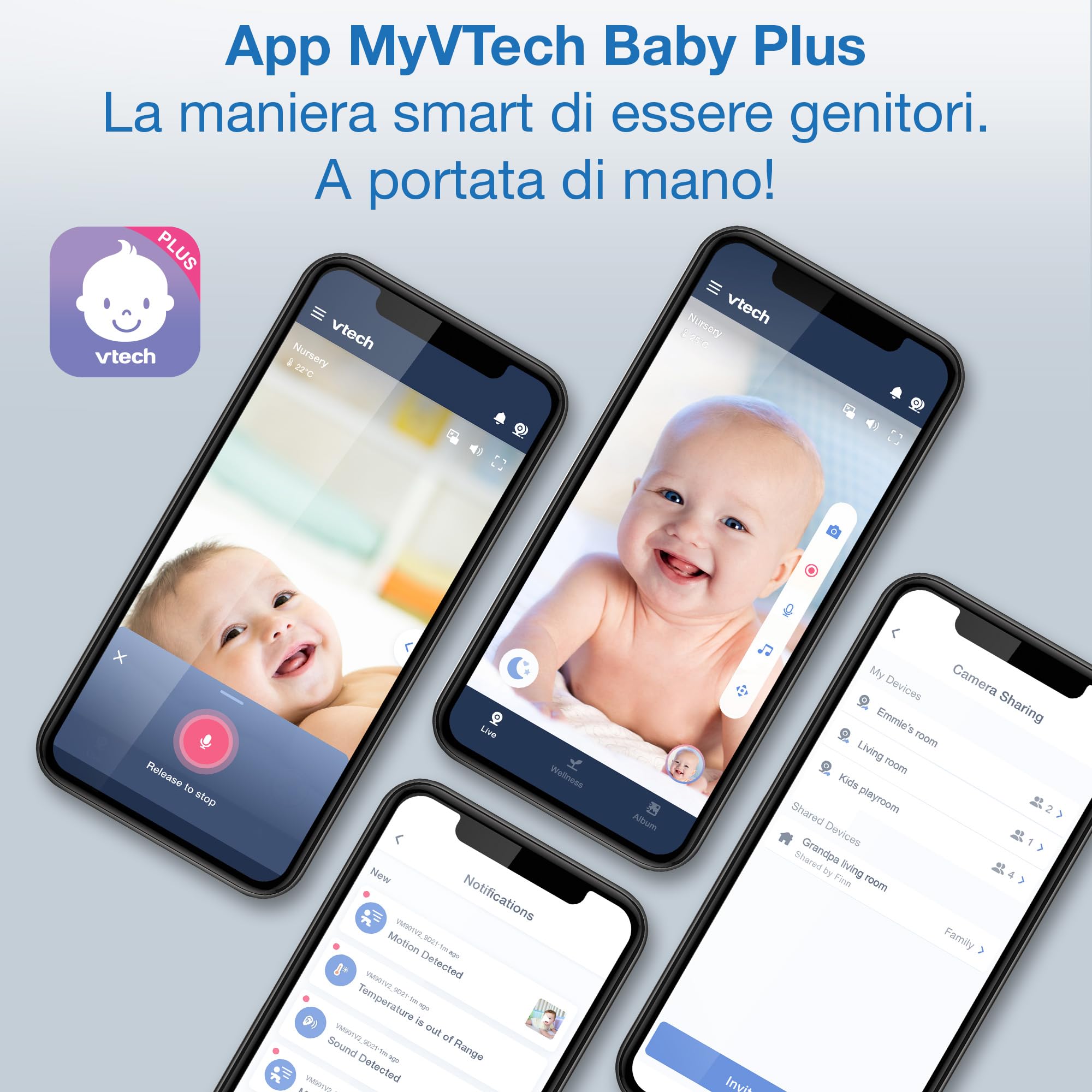 VTech baby monitor smart Wi-Fi con 2 telecamere, schermo HD a colori da 7", videocamera FHD 1080p, app gratuita, controlli panoramica, inclinazione e zoom, ninne nanne, suoni rilassanti: RM7764-2HD