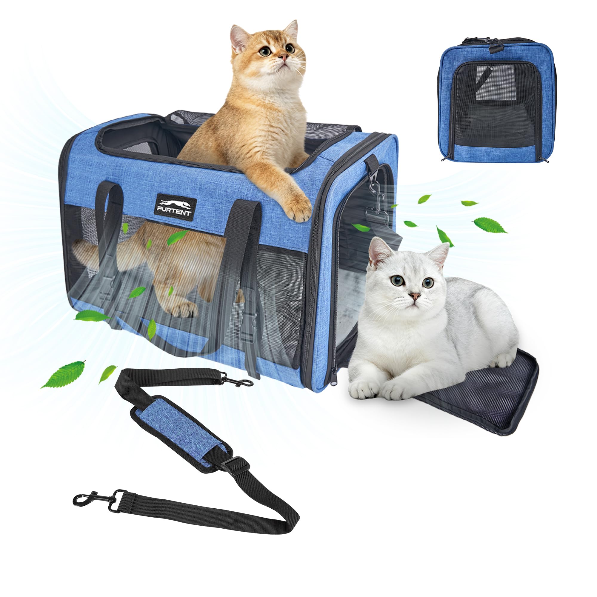Soft-Sided Large Cat Carrier for 2 Cats, Spacious Foldable Pet Travel Carrier for Large Cats up to 25 Lbs, Double Cat Bag with Shoulder Strap, 20x13x13 Inch, Fits Maine Coon and Small Dogs, Blue