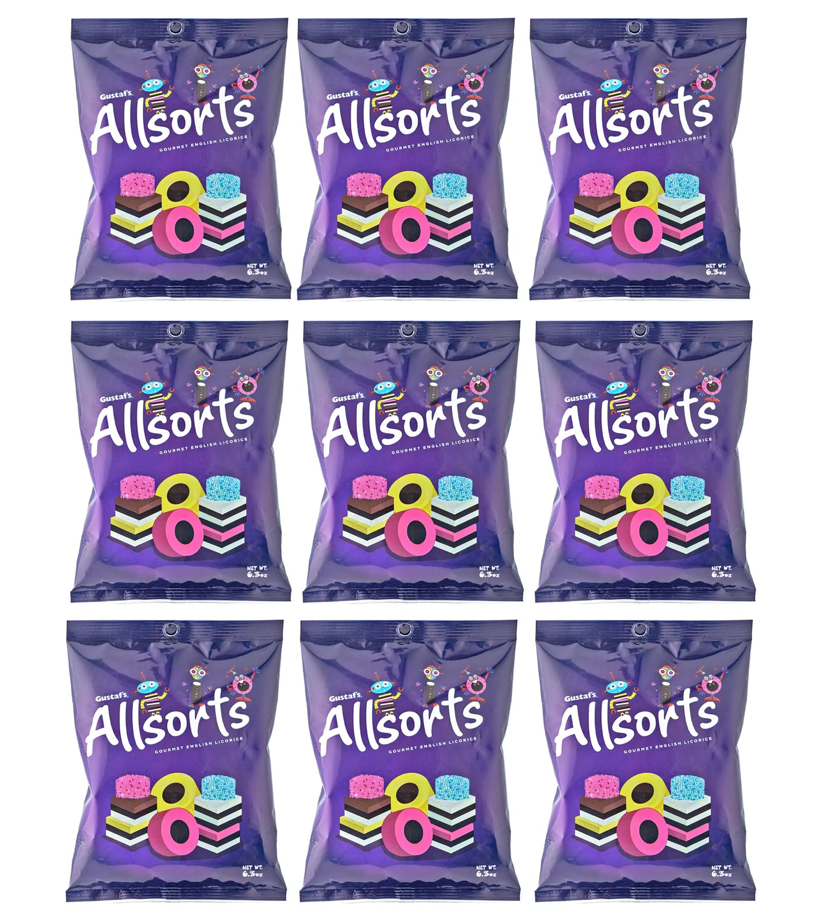 Gustaf's Allsorts Pack of 9 (6.3 oz Bag) Assorted Licorice Candy Variety in a King of Sweets Bulk Bag