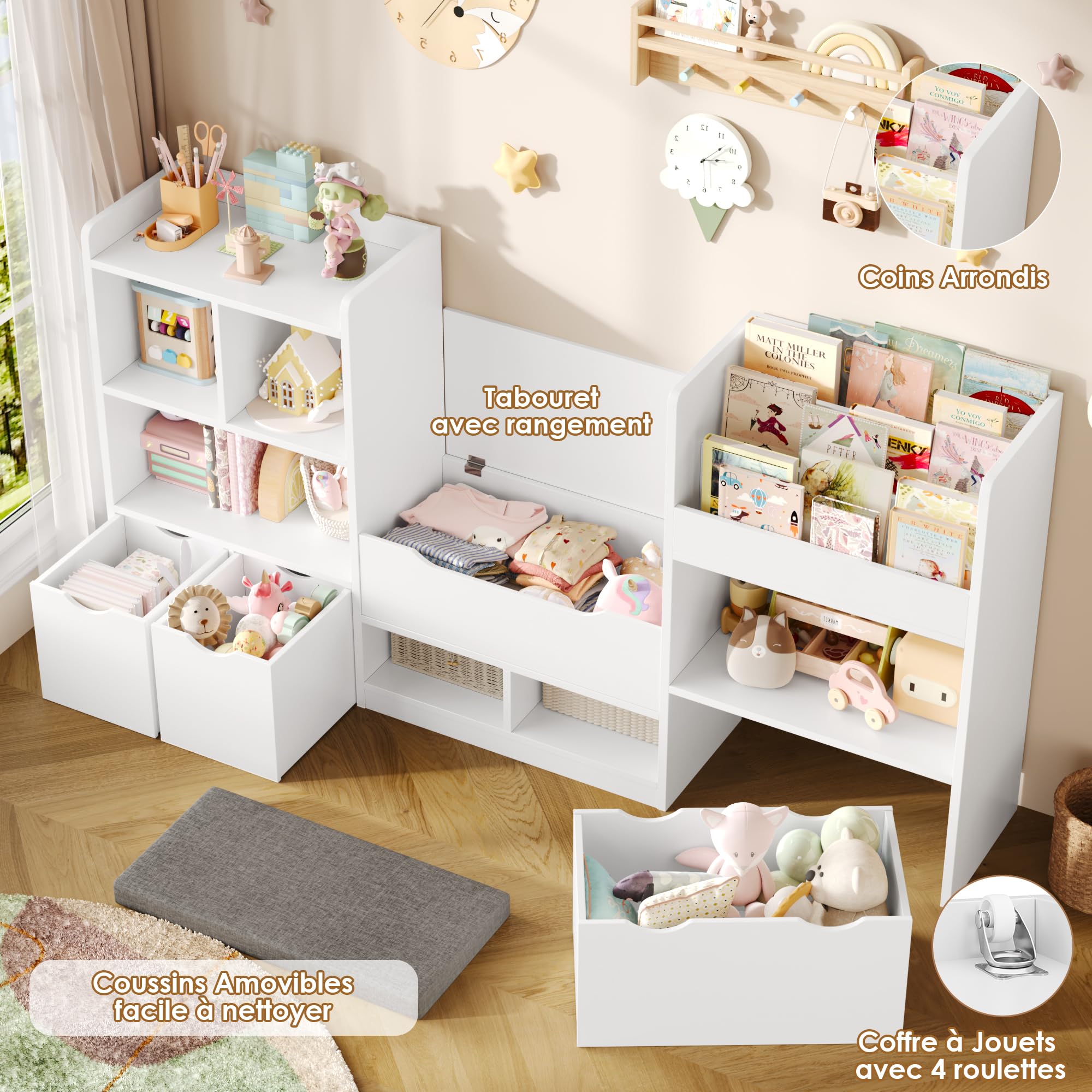 FOREHILL Meuble Rangement Enfant 183.5cm Bibliothèque Enfant avec Banc 11 Étagères 3 Tiroirs Roulants Rangement Jouet pour Chambre d’Enfants Salle de Jeu 183.5x29.8 x94.5 cm