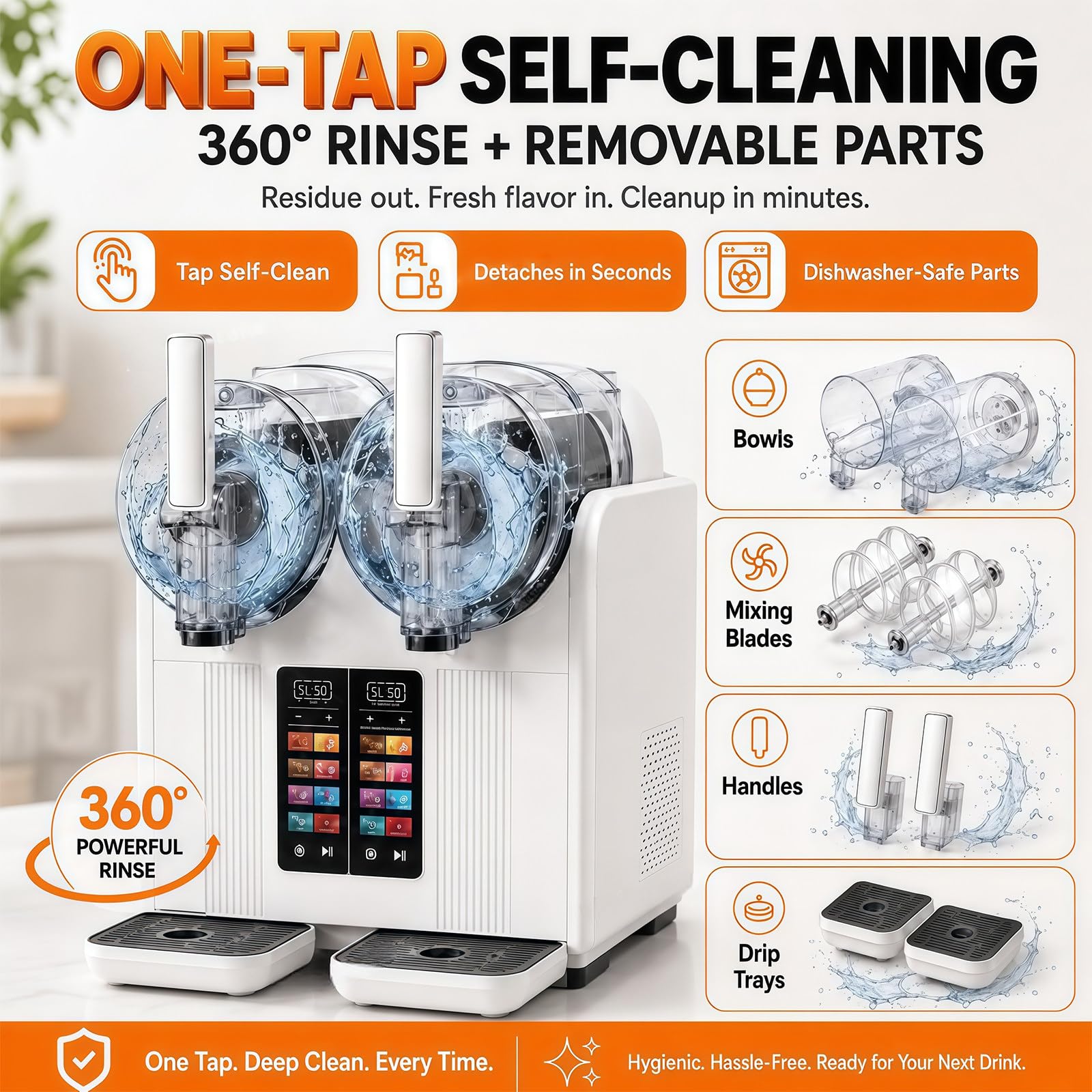 Máquina de Granizados Profesional y Helado Soft 2 en 1, Granizadora de Slush de Doble Tanque con Pantalla Táctil, Dispensador para Sorbetes, Yogur Helado y Bebidas Frías White