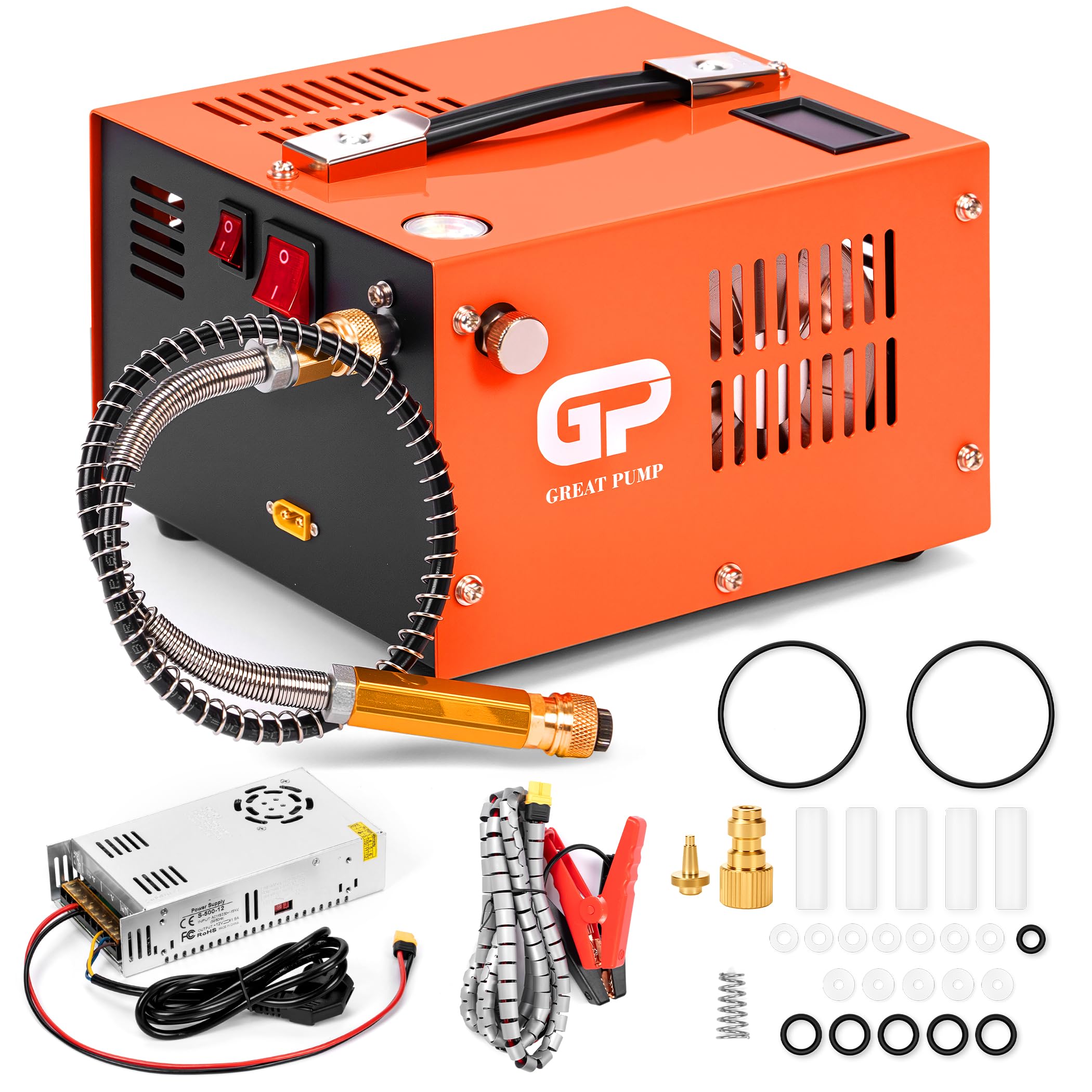 TUXING Compresor de aire PCP de 300 bar, portátil de 4500 psi/30 Mpa, conector rápido de 8 mm compatible con pistola de aire PCP con separador de agua/aceite, adaptador de corriente integrado (batería