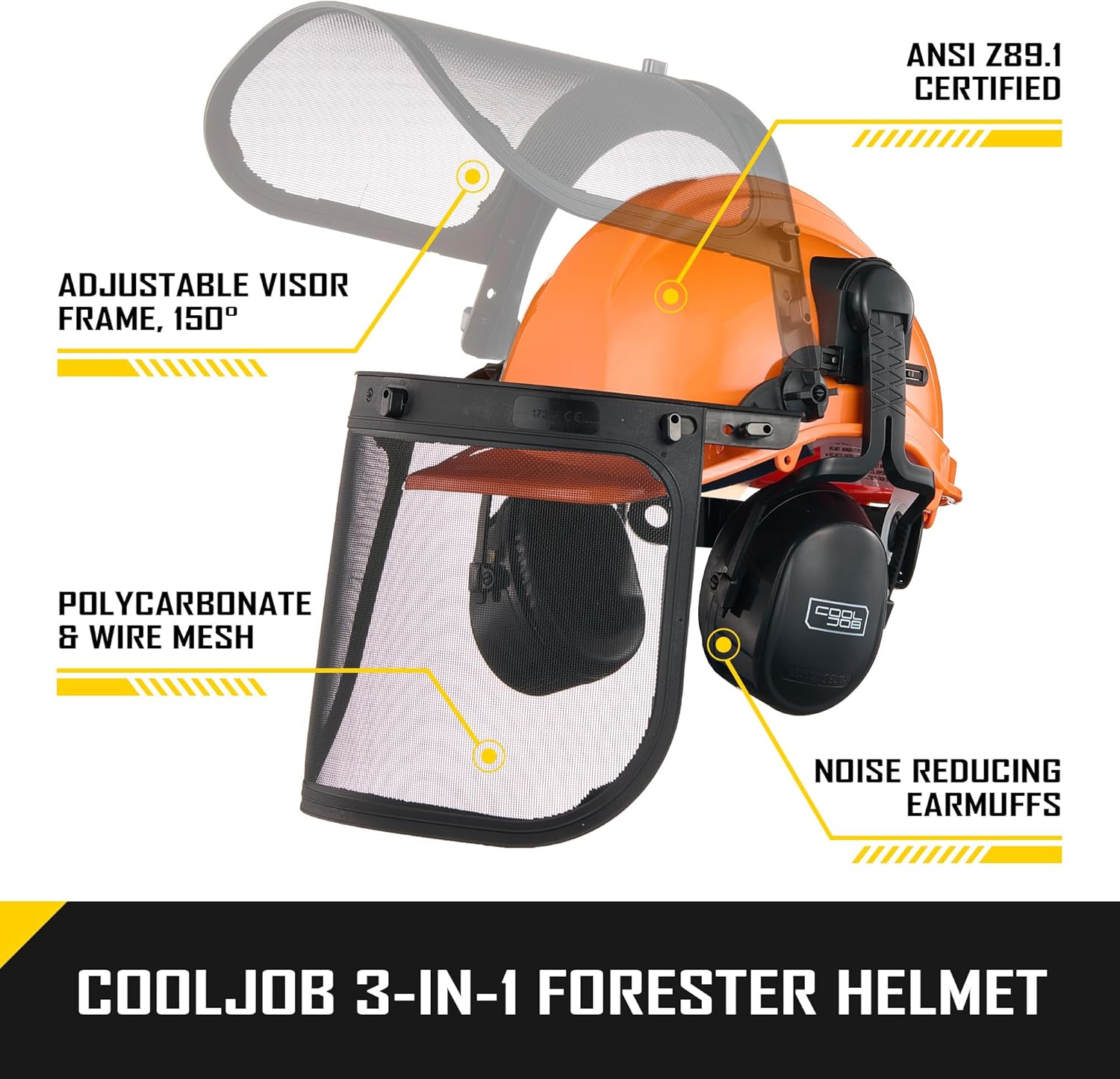 COOLJOB Safety Chainsaw Helmet with Metal Mesh Face Shield, Adjustable Ear Muffs for Protection, 3 in 1 Hard Hat for Forestry