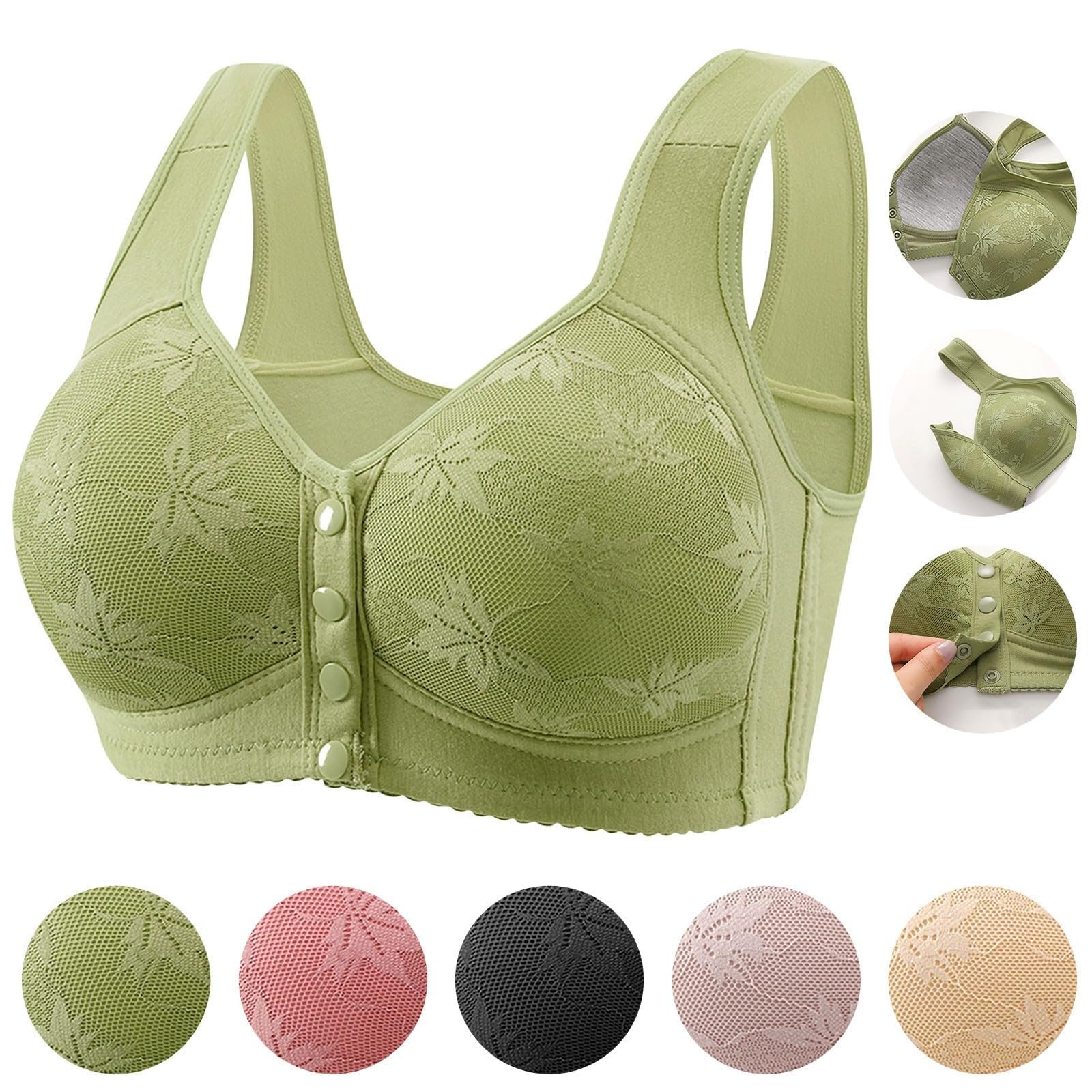 Daisy Bras for Older Women Front Closure Convenient Everyday Bras Mid Buttons Comfortable No Underwire Gathering Bras Small 7-green