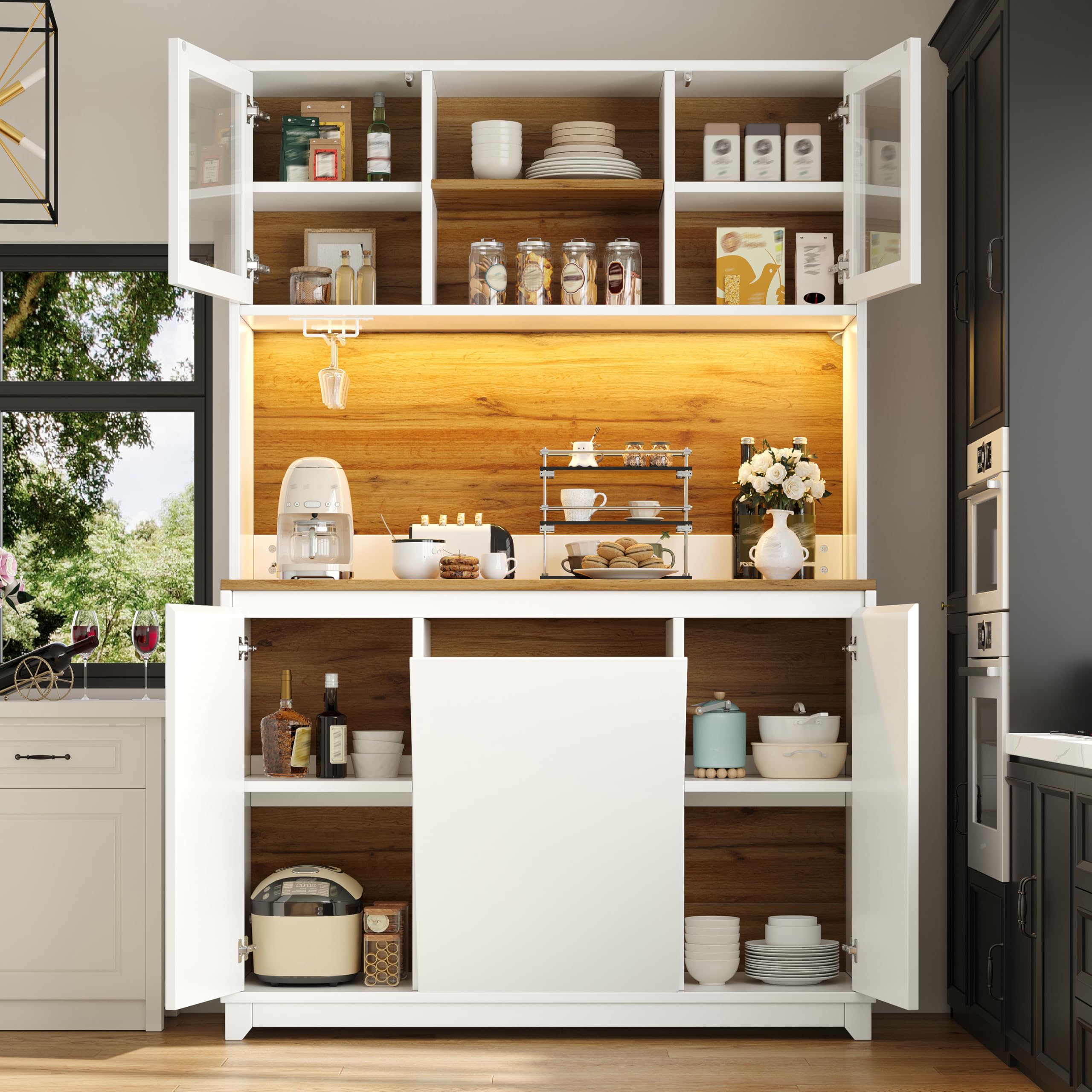 Modern Küchenschränke mit LED-Beleuchtung und Sideboards, Buffetschrank mit Acryltüren und Staufächer, Hochschrank mit Offene Ablagen, Weiß-A, 120x40x180 cm