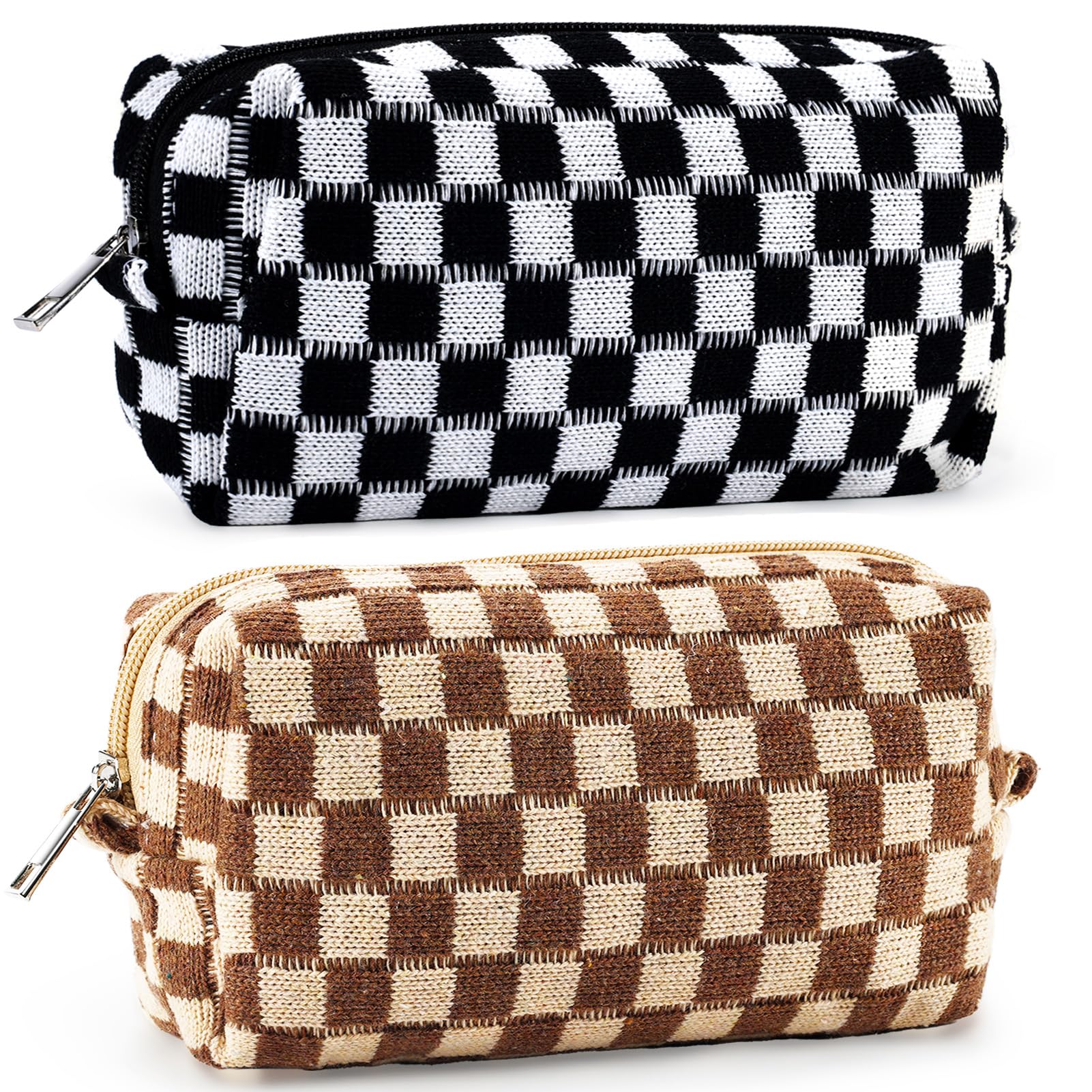 ZLFSRQ2Pcs Checkered Makeup Bag for Women Medium Travel Cosmetic Bags Checkered Makeup Pouch for Purse Zipper Toiletry Bag Organizer Cute Y2K Aesthetic Trendy Adults Preppy Pencil Bags(Black/Brown)