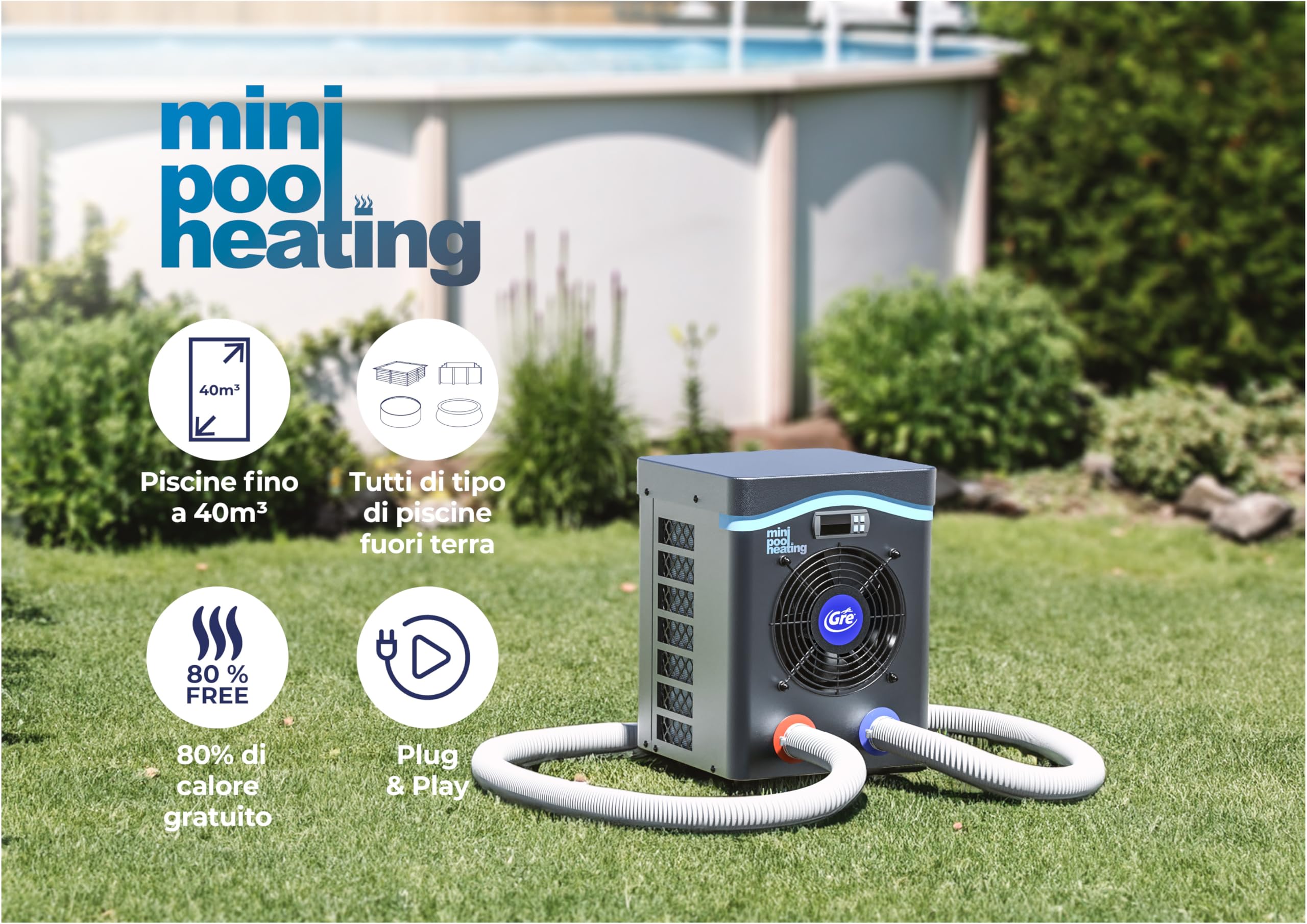 Gre Mini Pompa di Calore Fino a 28°C Senza Bypass Piscine Fuori Terra 20 m³