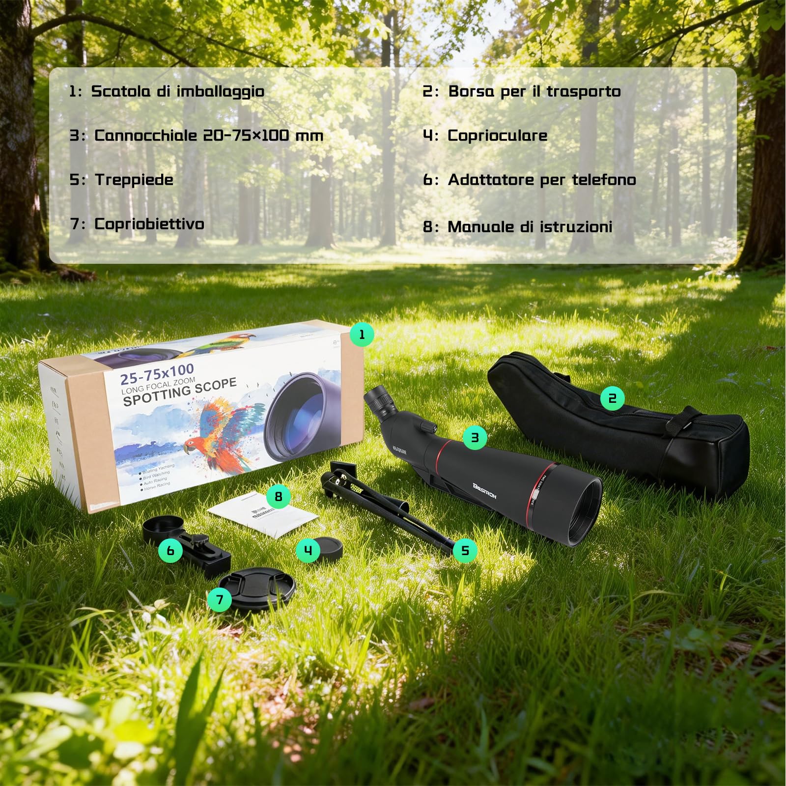 25-75x100mm Cannocchiale con Treppiede,HD FMC Impermeabile,Cannocchiale Terrestre con Adattatore Telefono Borsa, per Tiro a Segno Tiro, con l'arco Birdwatching