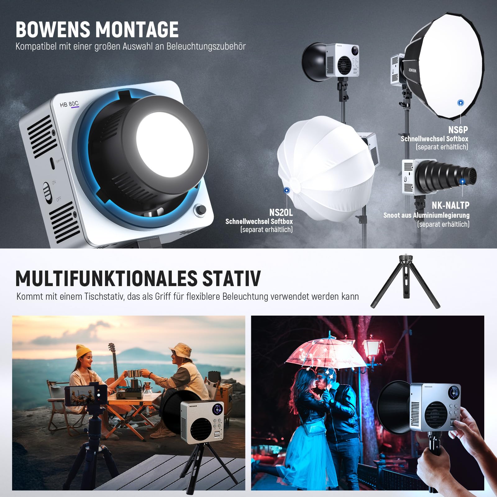 NEEWER HB80C 80W RGBWW LED Videolicht mit 72Wh Akku & 100W PD Schnellladung, Bowens Mount, 2500-7500K Farbtemperatur, 10400lx/m Helligkeit, 18 Lichteffekte für Studio, Fotografie & Videoaufnahmen