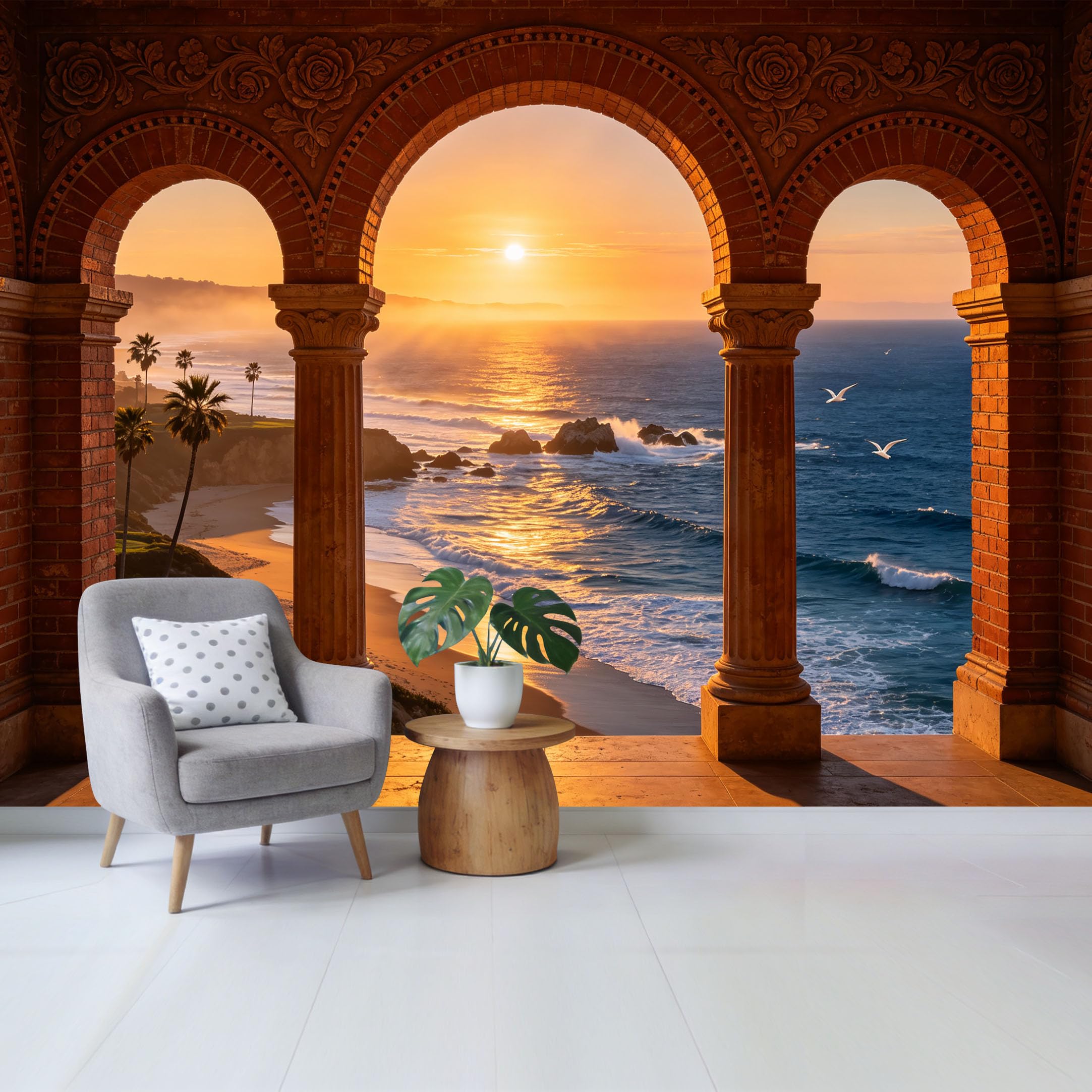 Custom Size Wall Mural Coastal Sunset Ocean View Through Ornate Brick Archway Removable Self Adhesive Fabric Home Wall Decor for Living Room Bedroom Bathroom