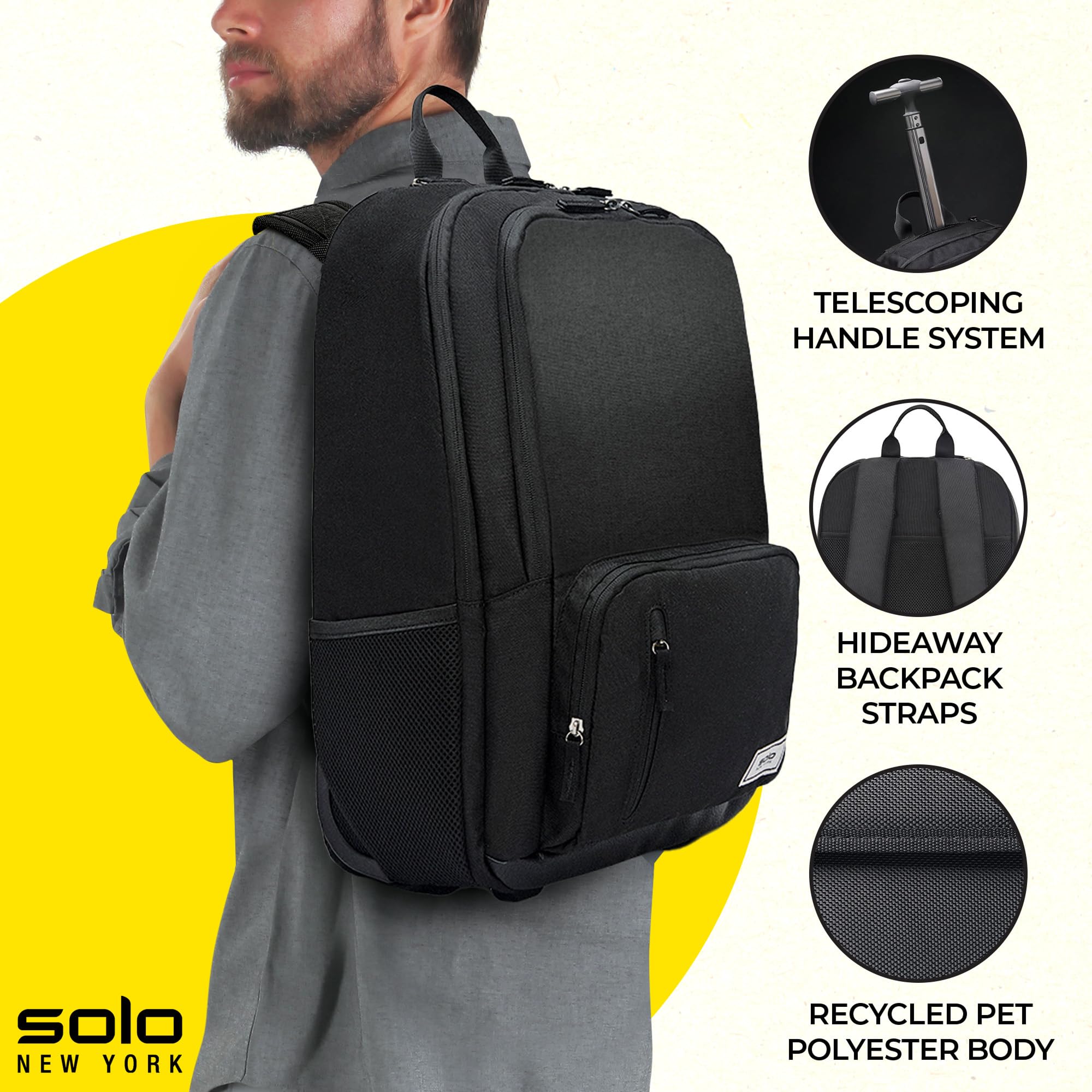 Solo New York Bleeker - Mochila unisex con ruedas, color negro, se adapta a portátiles de hasta 15.6 pulgadas, Black, Fits up to 15.6" Laptop, Bleeker - Mochila con ruedas