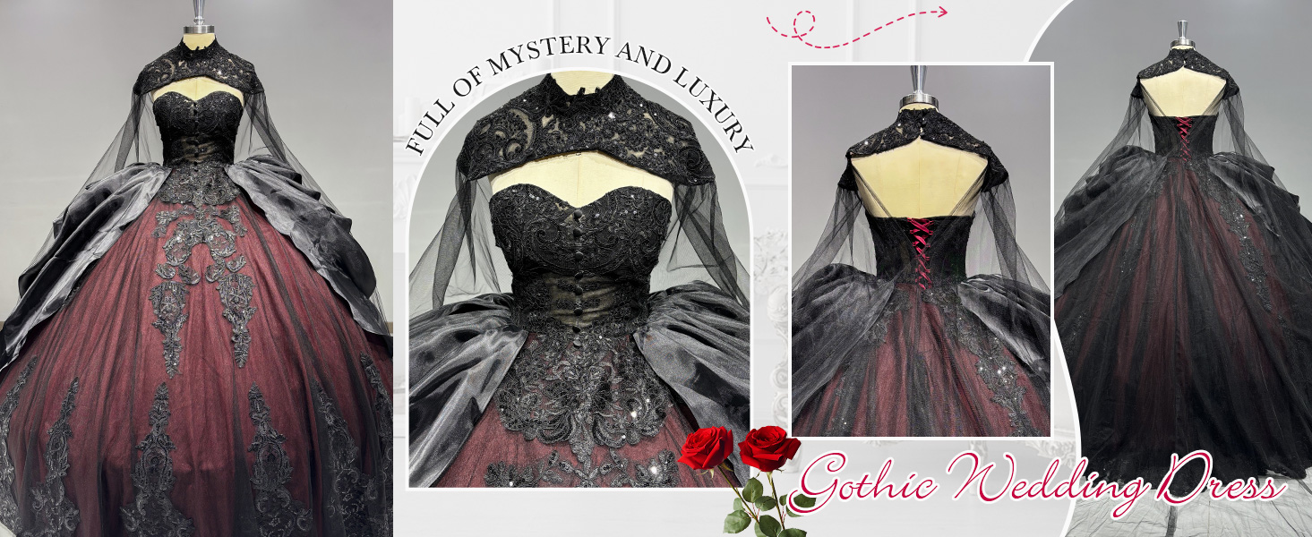 Mauuwy Gothic Black Wedding Dresses for Brides Lace Applique Tiered Wedding  Gown Embroidery Chiffon Victorian Bridal Dresses with Cape Size 0 at Amazon  Women's Clothing store