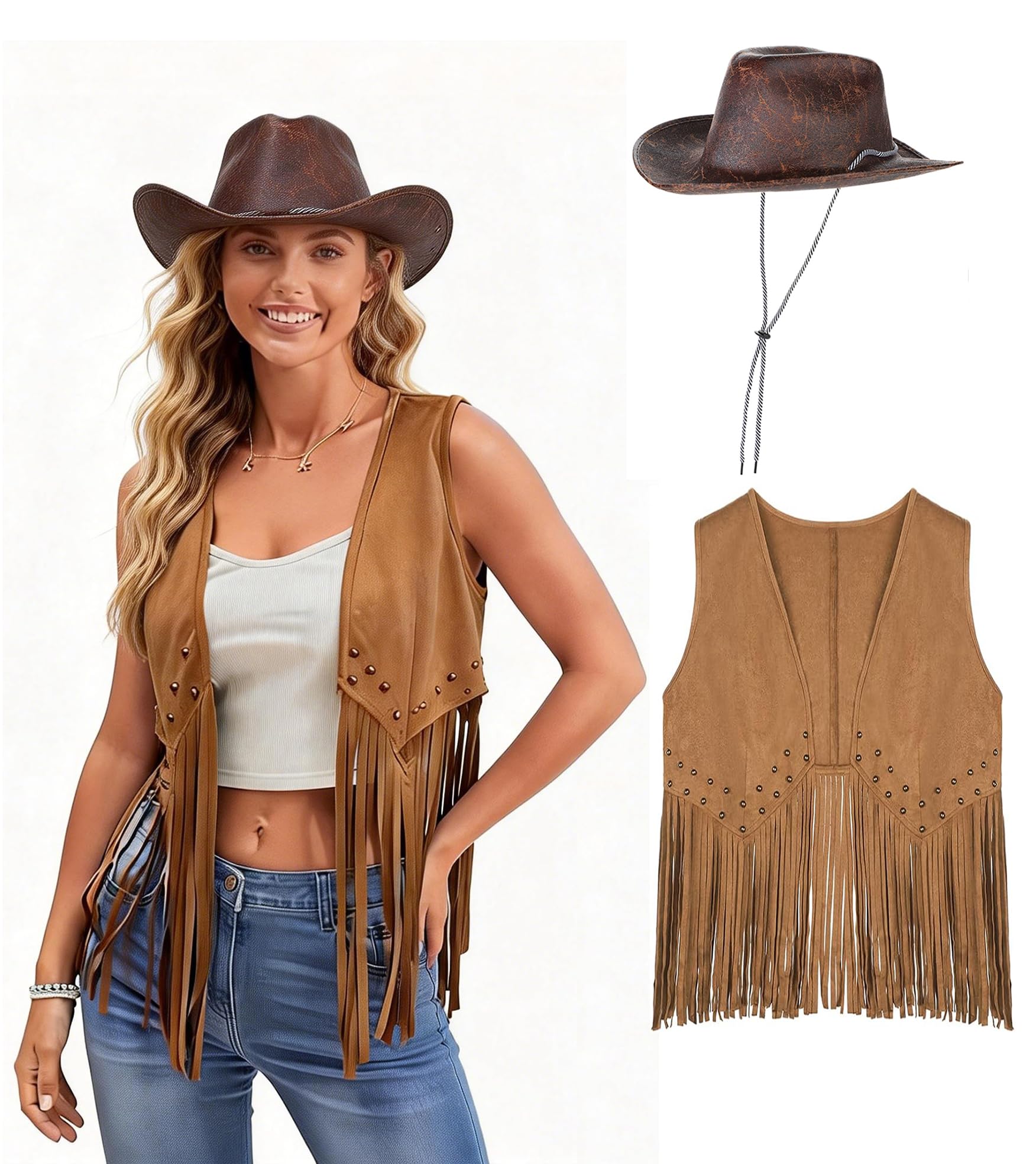 QCHOMEE Women Sleeveless Short Jackets Cowboy Hat Outfits Set Ladies Retro Western Cowgirl Hippie Costume Vest with Tassel Faux Suede Cowboy Hat Fringe Vest Fancy Dress Costume Set Brown