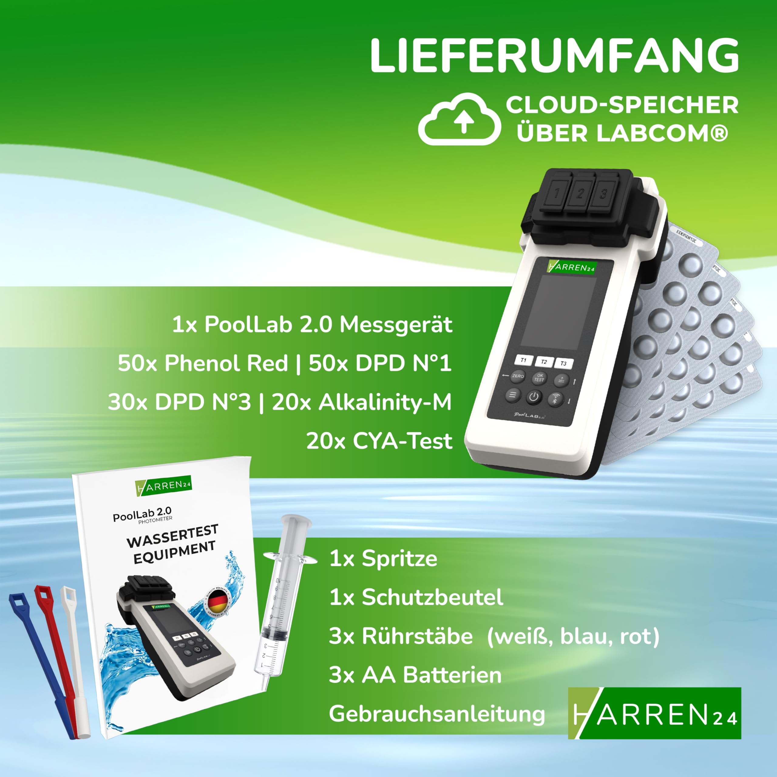 Poollab 2.0 Special Edition, elektronischer Pooltester (Photometer), Pool Wassertester, 170 Pool Testtabletten für Chlor pH-Wert Phenol Red Pool Zubehör (mit DPD1, DPD3, pH, CYA, AlkalM)