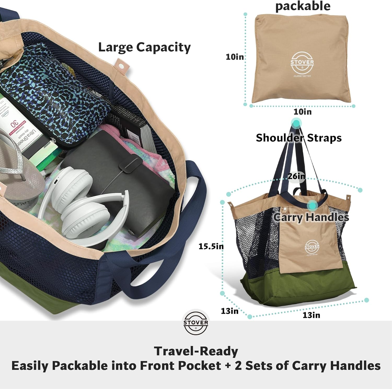 STOVER Extra Large Mesh Beach Bag, Vacation, Pool, Shopping & Travel Tote - Foldable w/Storage Pouch & Pockets for Women, Men - Image 4