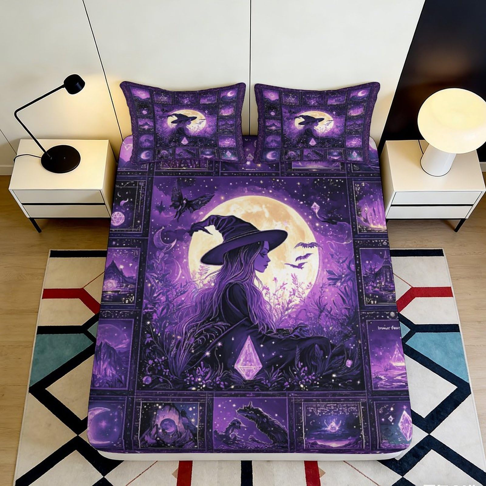 3D Printed Witch Moon Fitted Sheet Microfiber Purple Gothic Bed Cover for Bedroom Dorm Mattress Protection Decor 90x200x25cm
