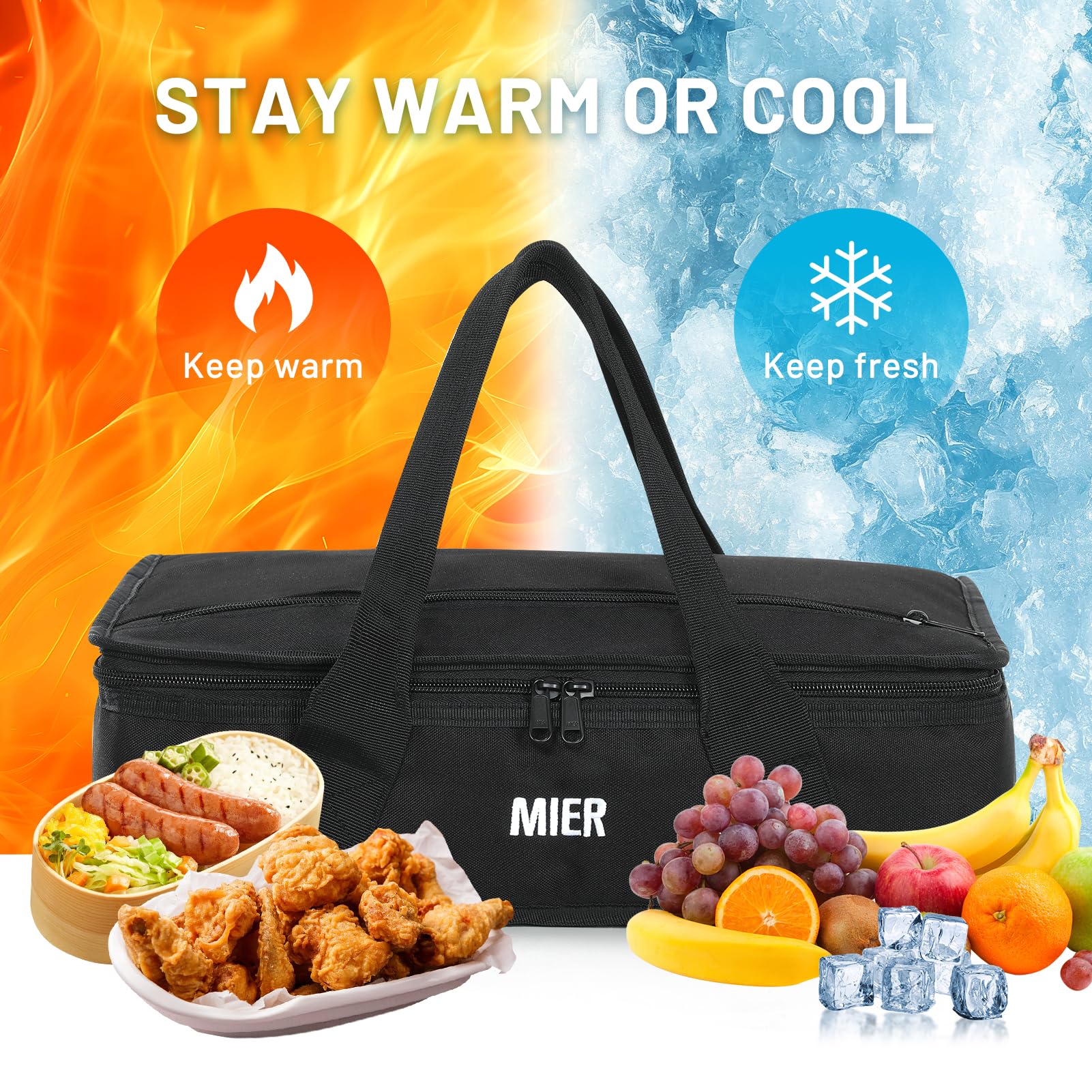 MIER Borsa termica per casseruole isolate per cibi caldi o freddi, per lasagne, potluck, feste, picnic, grigliate, adatta per teglie da forno da 22,9 x 33 cm, nero