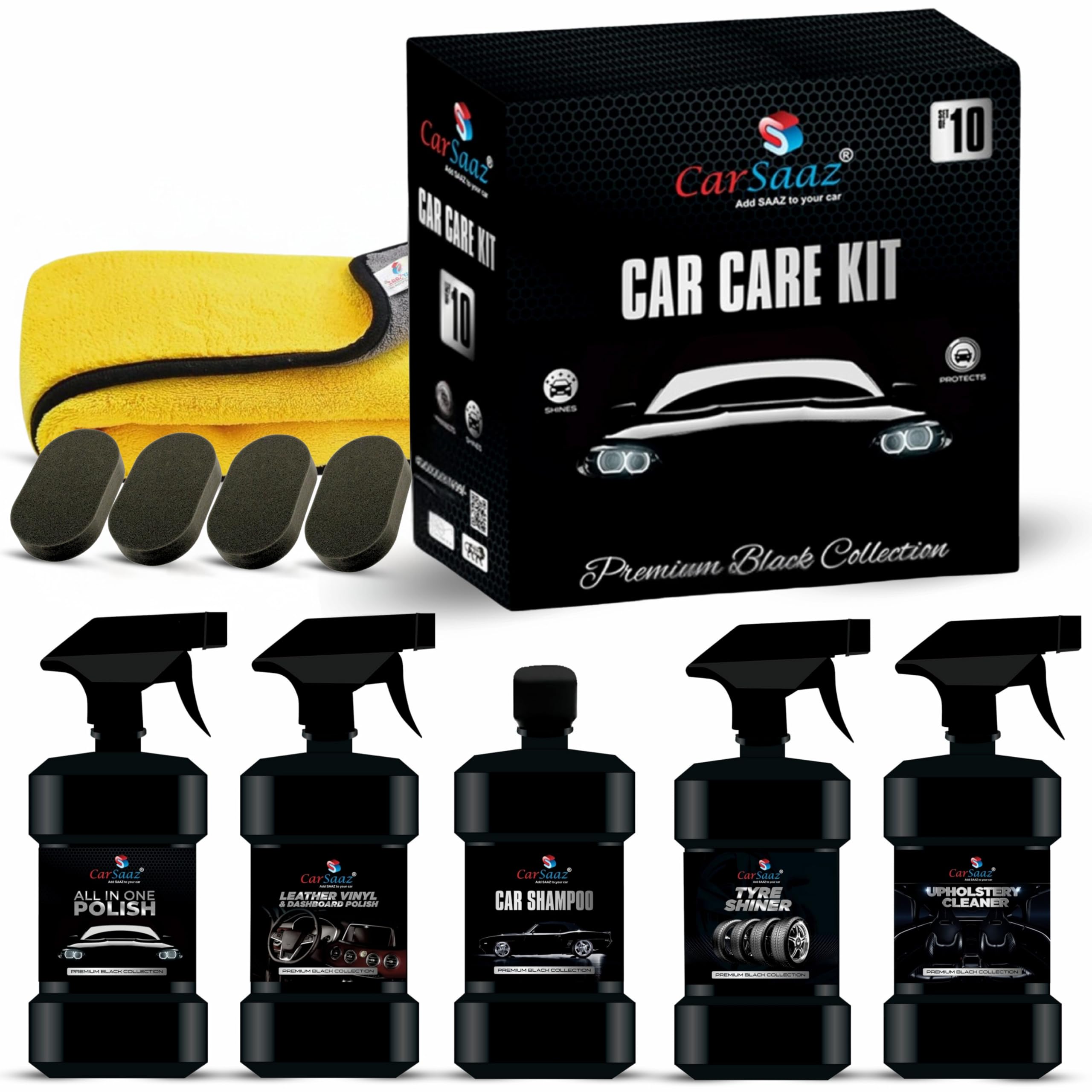 CAR SAAZ Car Care Kit (Pack of 11 Pcs) | Includes: All in One Polish, Dashboard Polish, Upholstery Cleaner, Shampoo, Tyre Shiner (200ml Each), 5 Applicators & Cloth | Car Polish Kit | Clean & Protects