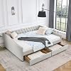 Queen Size Daybed Frame with 2 Drawers and Tufted Button Backrest, Upholstered Day Bed with Underneath Storage and Copper Nail Arms, No Box Spring Required for Adults Kids, Beige