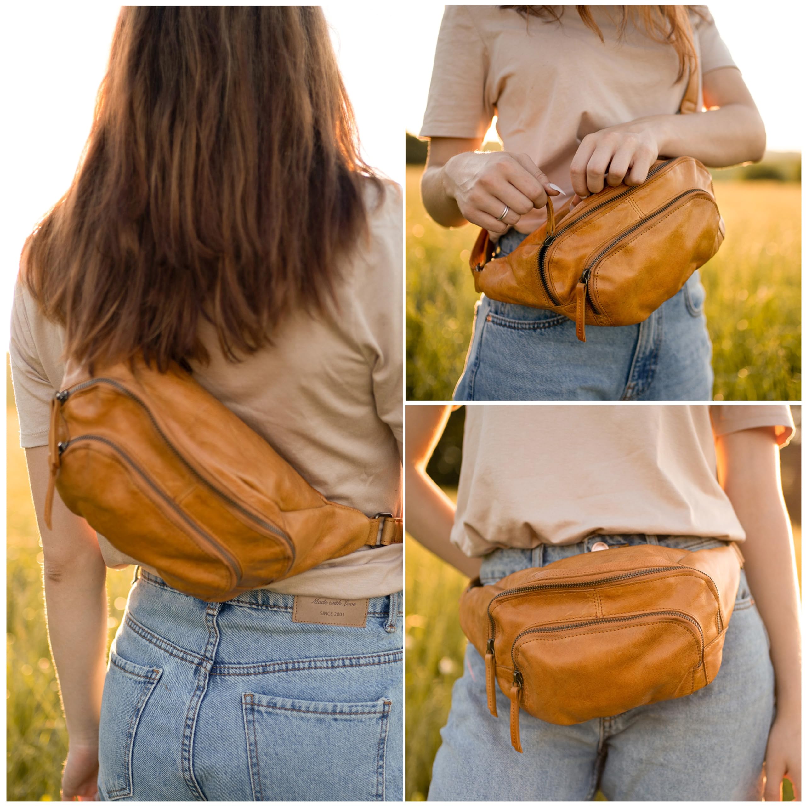 Gusti Sverre - Riñonera de piel, estilo vintage, para hombre y mujer, práctica riñonera con 3 compartimentos y cremalleras, coñac, Einheitsgröße, Retro