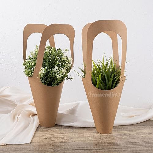 Miniatura 5 de Framendino, Paquete de 20 bolsas de regalo de flores de papel kraft, ramo de envoltura floral con mango, cono, fundas para floristería para