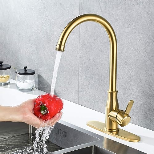 Miniatura 6 de Kohonby Grifo de cocina de oro cepillado, moderno de alta arco, grifo de fregadero de cocina de acero inoxidable comercial, un agujero con cubierta