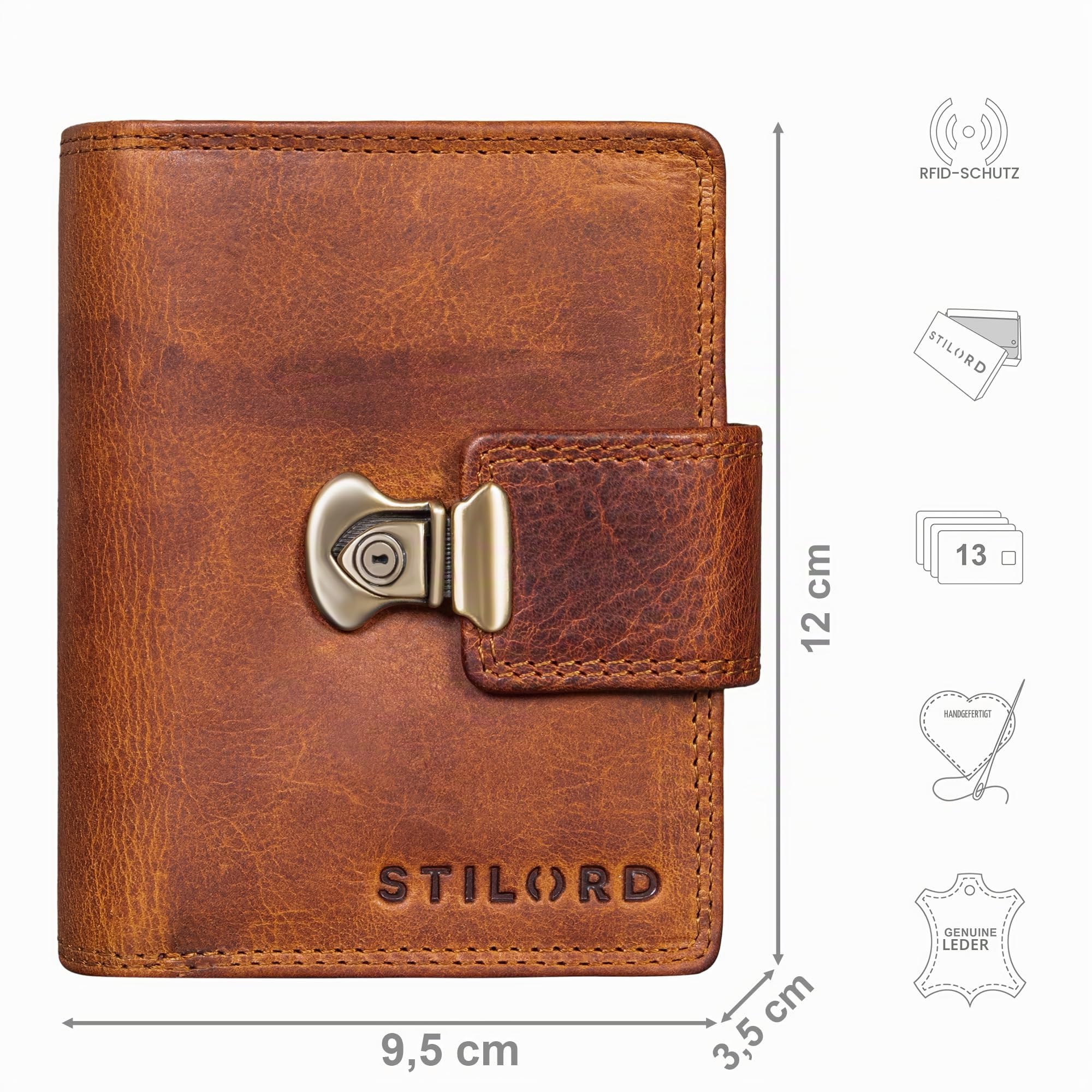 STILORD "Reese Elegante Geldbörse mit RFID Schutz Damen Herren Echtleder Portemonnaie mit Schnappverschluss Hochformat - Retro Trifold Leder Brieftasche mit Geschenkbox Farbe:Kara - Cognac