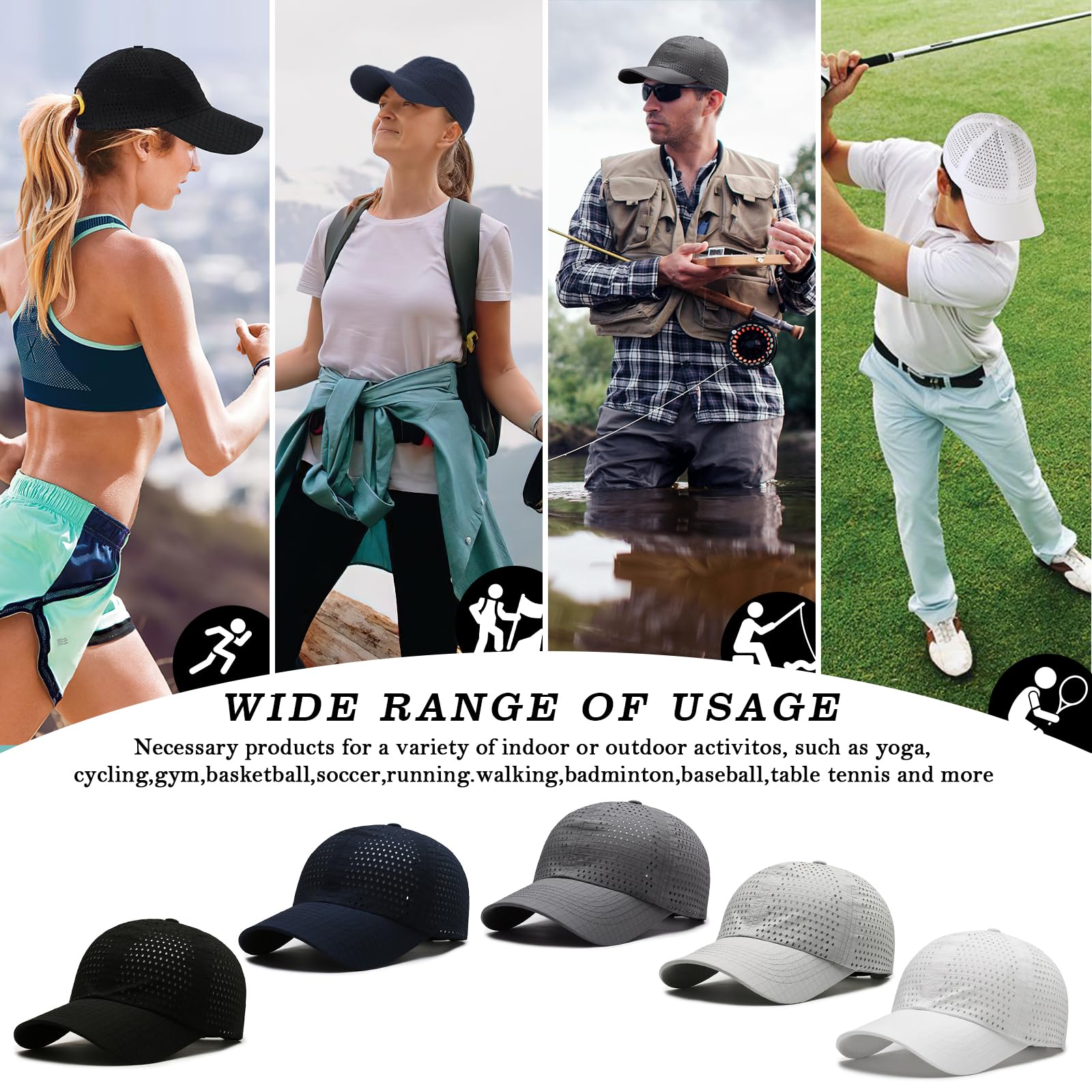 2 Packs Gorra de BéIsbol de Transpirable para Hombre, Gorra Running de Secado Rápido Malla, Gorro de Protección Solar Sombreros de Verano Viseras Plegable Ajustable Ligera al Aire Libre