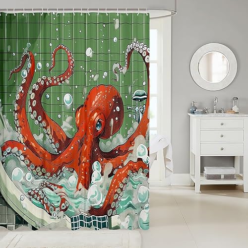 Miniatura 41 de Cortinas de ducha impermeables con diseño de barco pirata de caricaturas, tela de aventura marina, cortina de ducha de baño con peces submarinos,