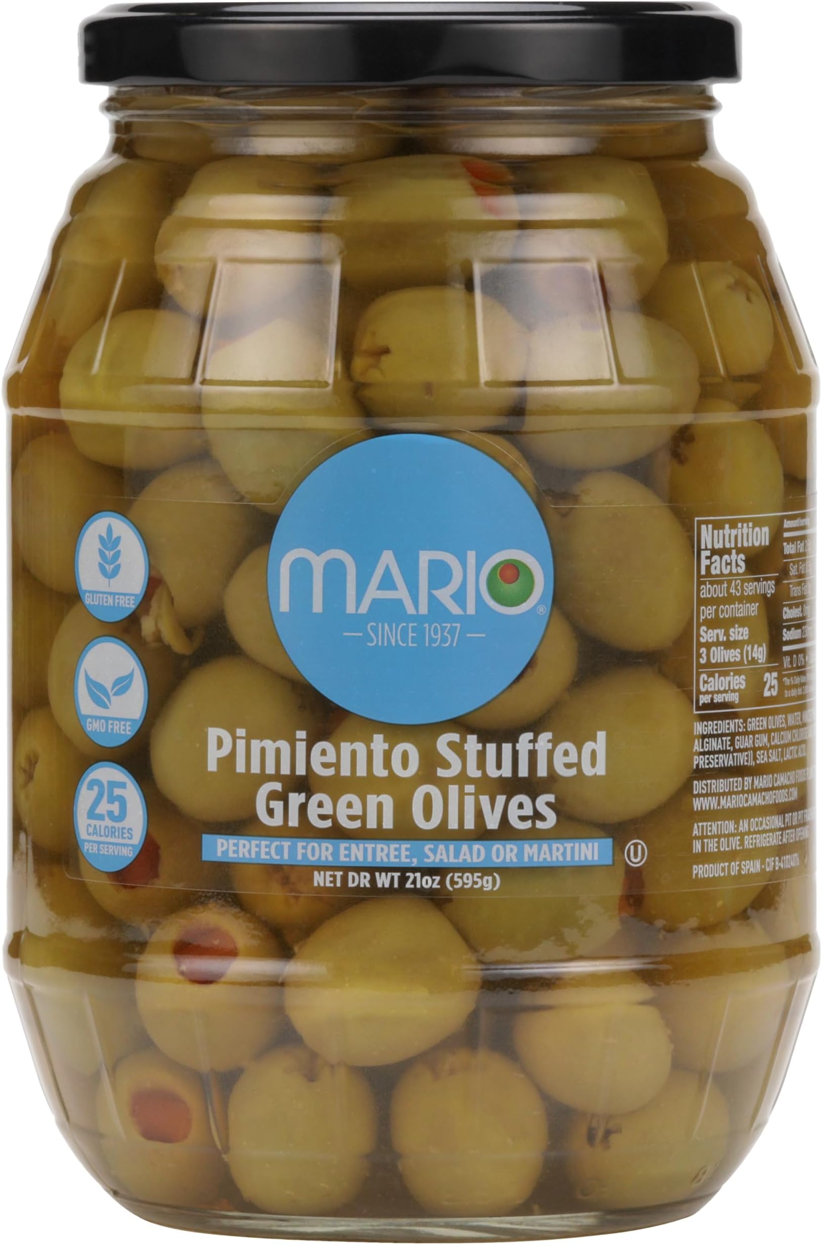 Mario Camacho Foods Pimiento Stuffed Green Manzanilla Spanish Olives, 21 Ounce (Pack of 6)