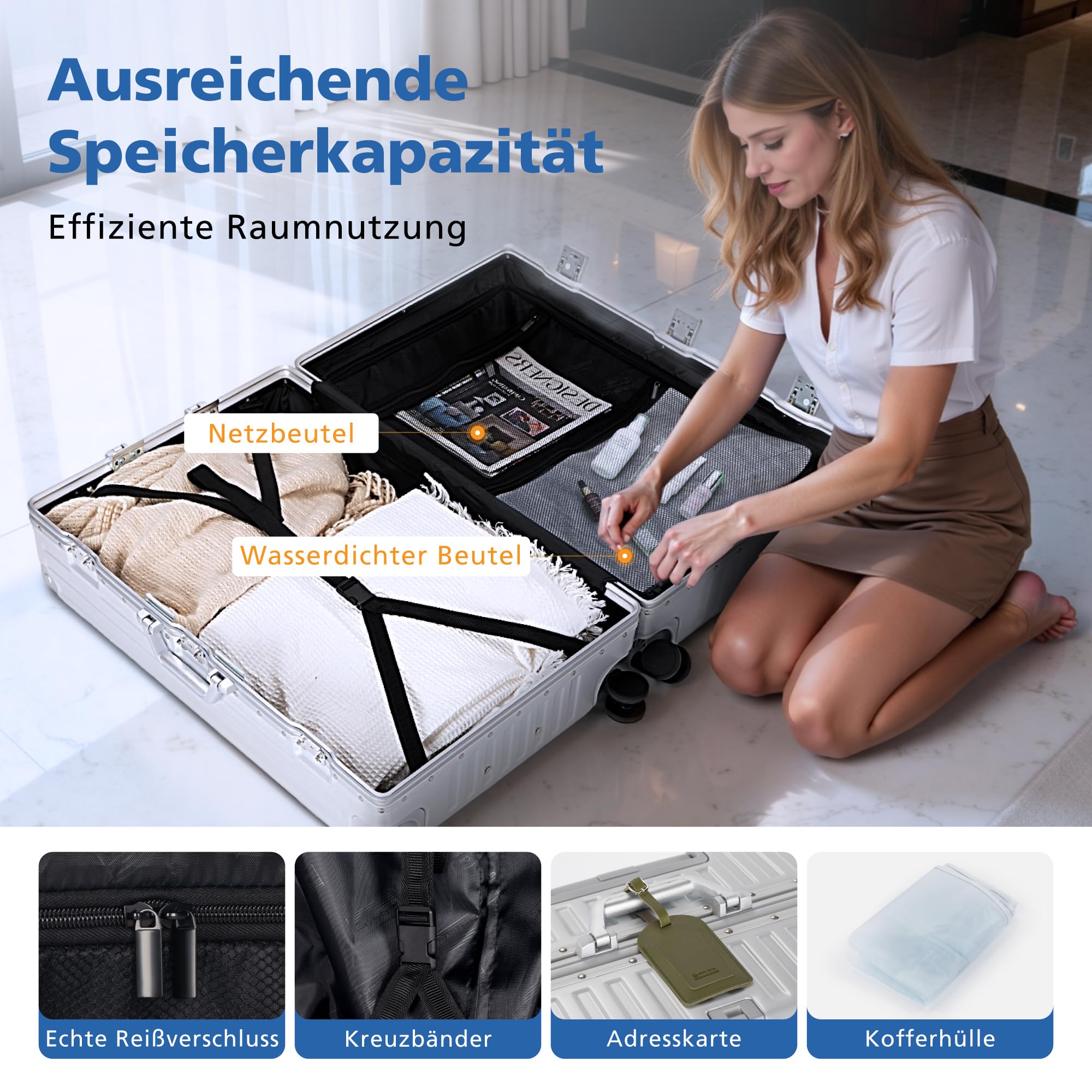 ALPHA CAMP Koffer Größe XL Reisekoffer Leicht Hartschalenkoffer Polycarbonat 98L Luggage Suitcase mit Rollen TSA Schloss & Aluminium Rahmen Handgepäck 49 * 30 * 76cm Silber