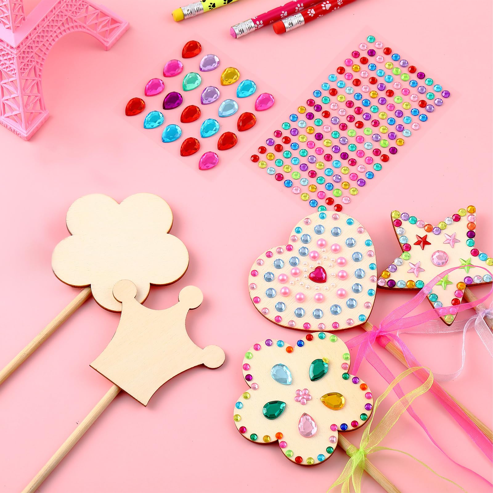 WUBOMJIO Princess Fairy Wands Craft Kit - 14 Piece DIY Magic Wand Making Set With Gem Stickers & Ribbons