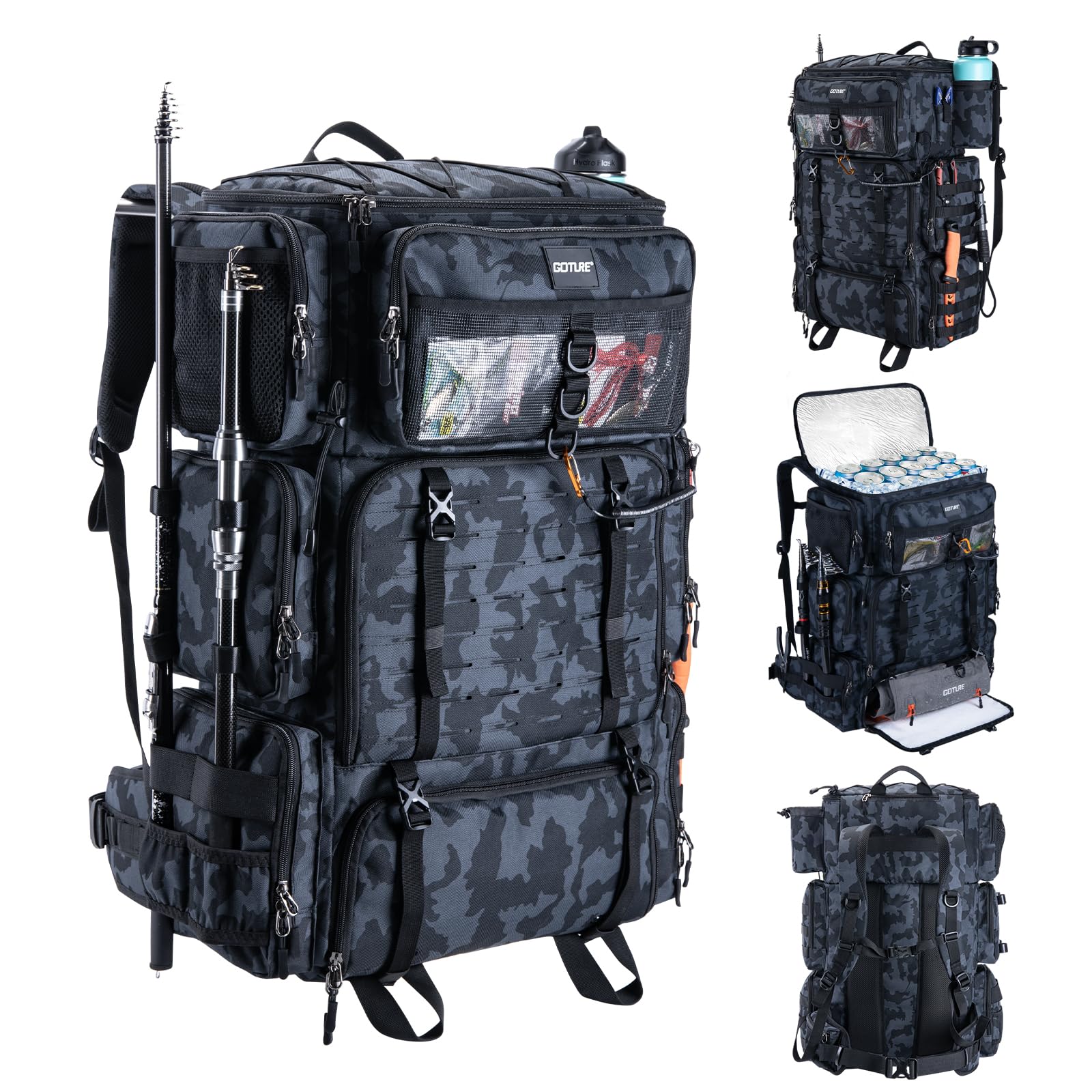 Goture Sac à dos de pêche 72 l avec sac isotherme (16 l) et compartiment sec/humide – Compartiments réglables Sac à outils de pêche imperméable, 2 porte-cannes, protection contre la pluie pour pêche