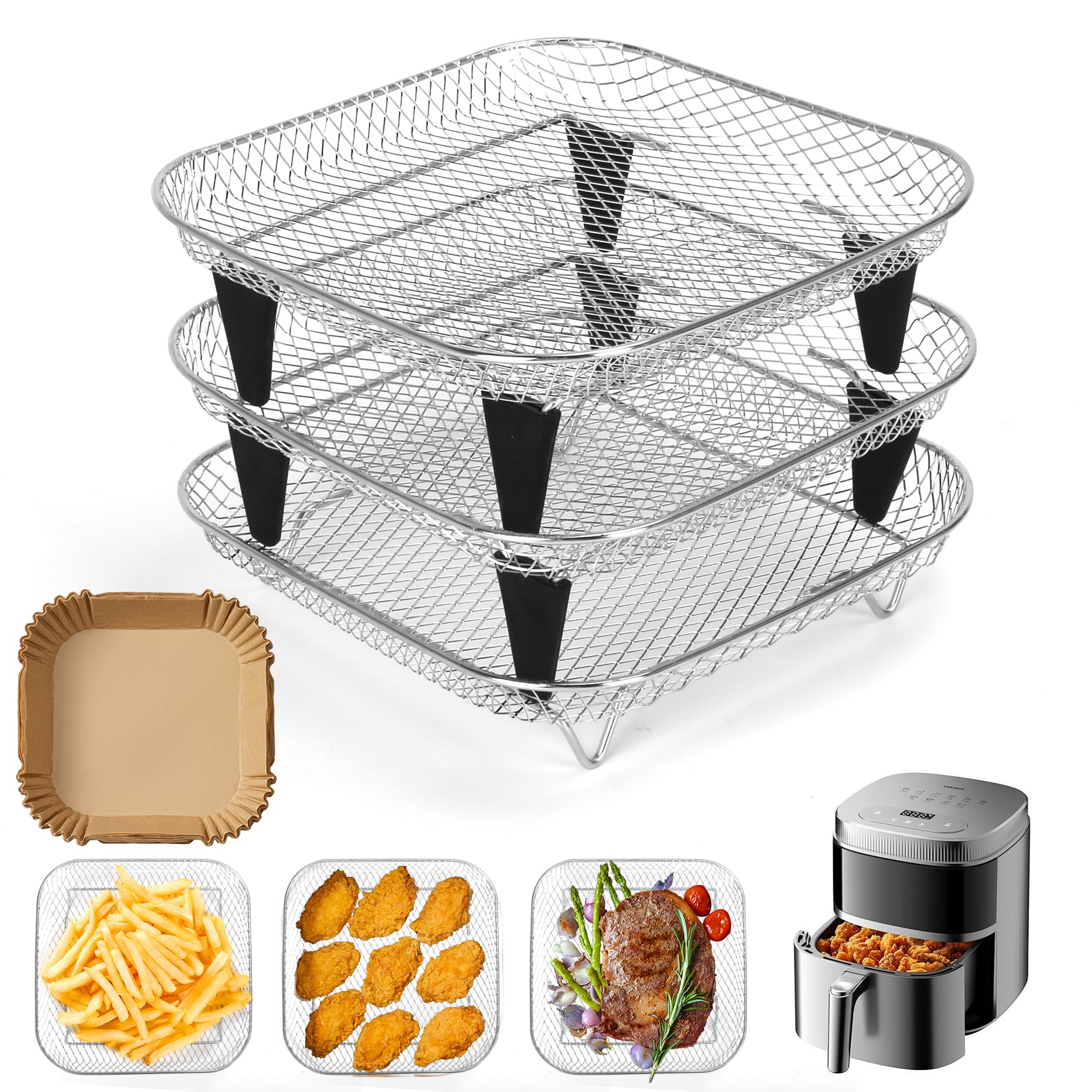 Air Fryer Basket 3pcs 6-8 QT Air Fryer Rack Accessories 8 Stackable Stainless Steel Dehydrator Frying Grill Rack