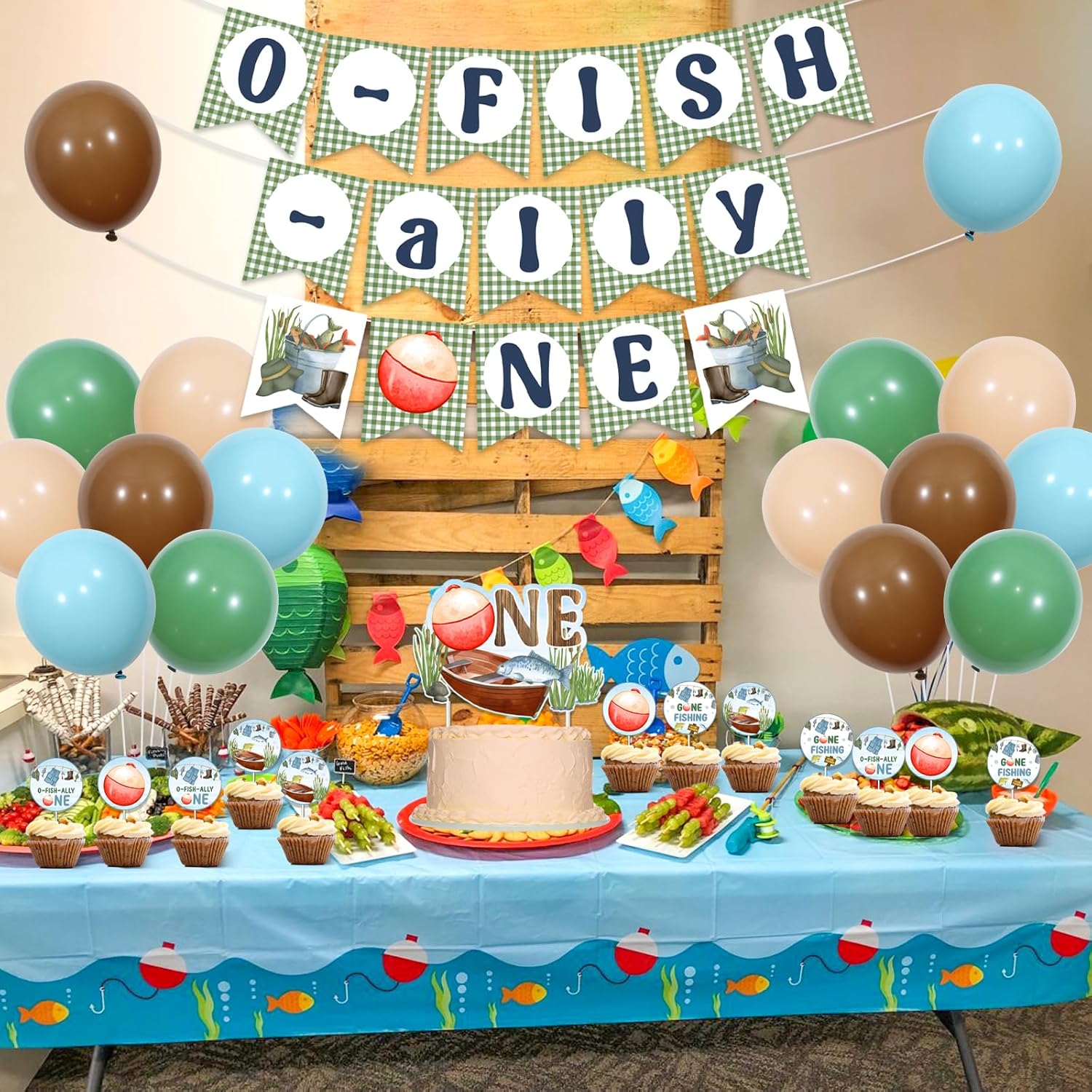 Sursurprise Fishing 1st Birthday Decorations, O Fish Ally One Backdrop Banner Gone Fishing Cake Topper Retro Balloons for Boys First Birthday Party Supplies - Image 4