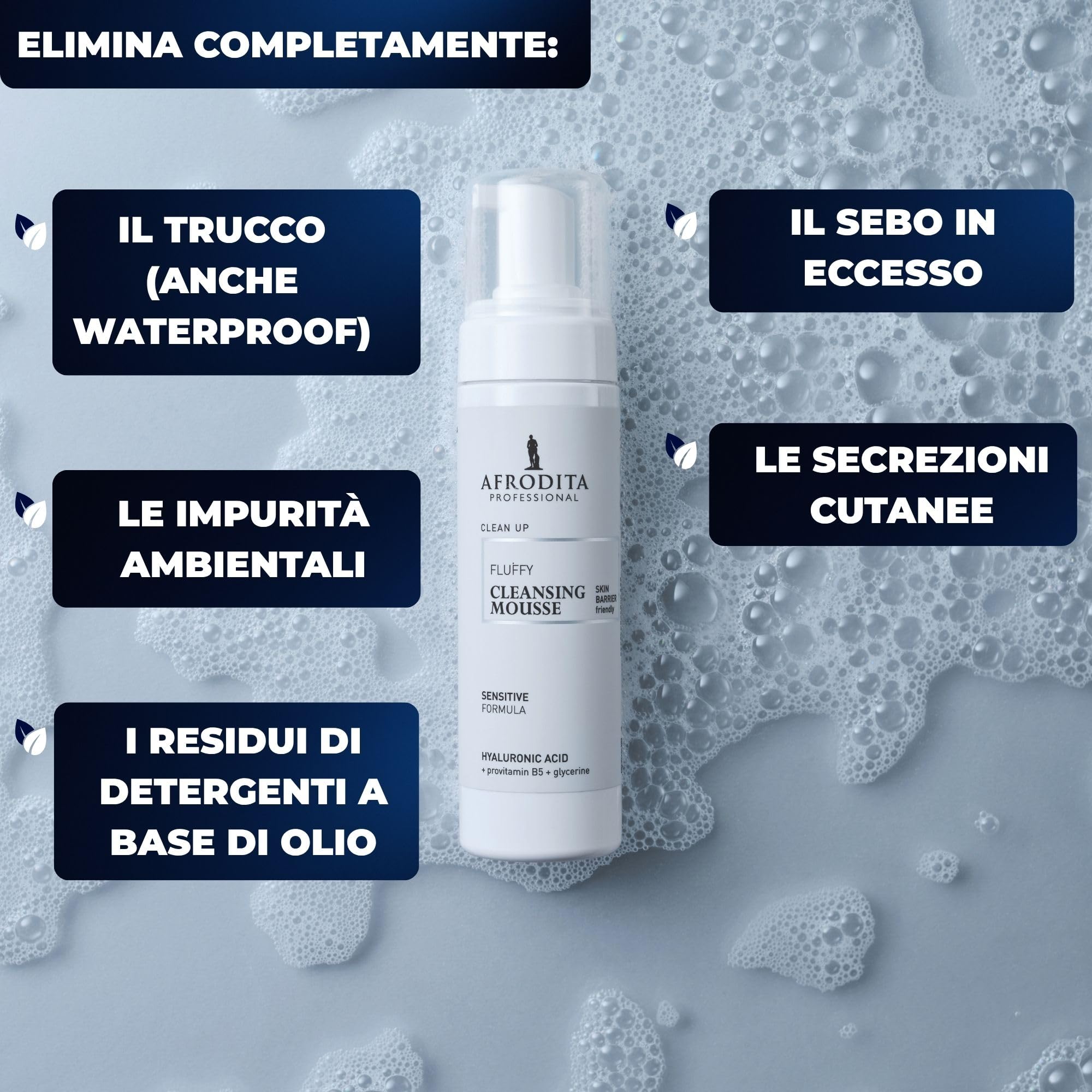 Afrodita Professional Clean Up Fluffy Cleansing Mousse detergente delicato viso pelle sensibile con acido ialuronico e provitamina B5, vegano, 200 ml