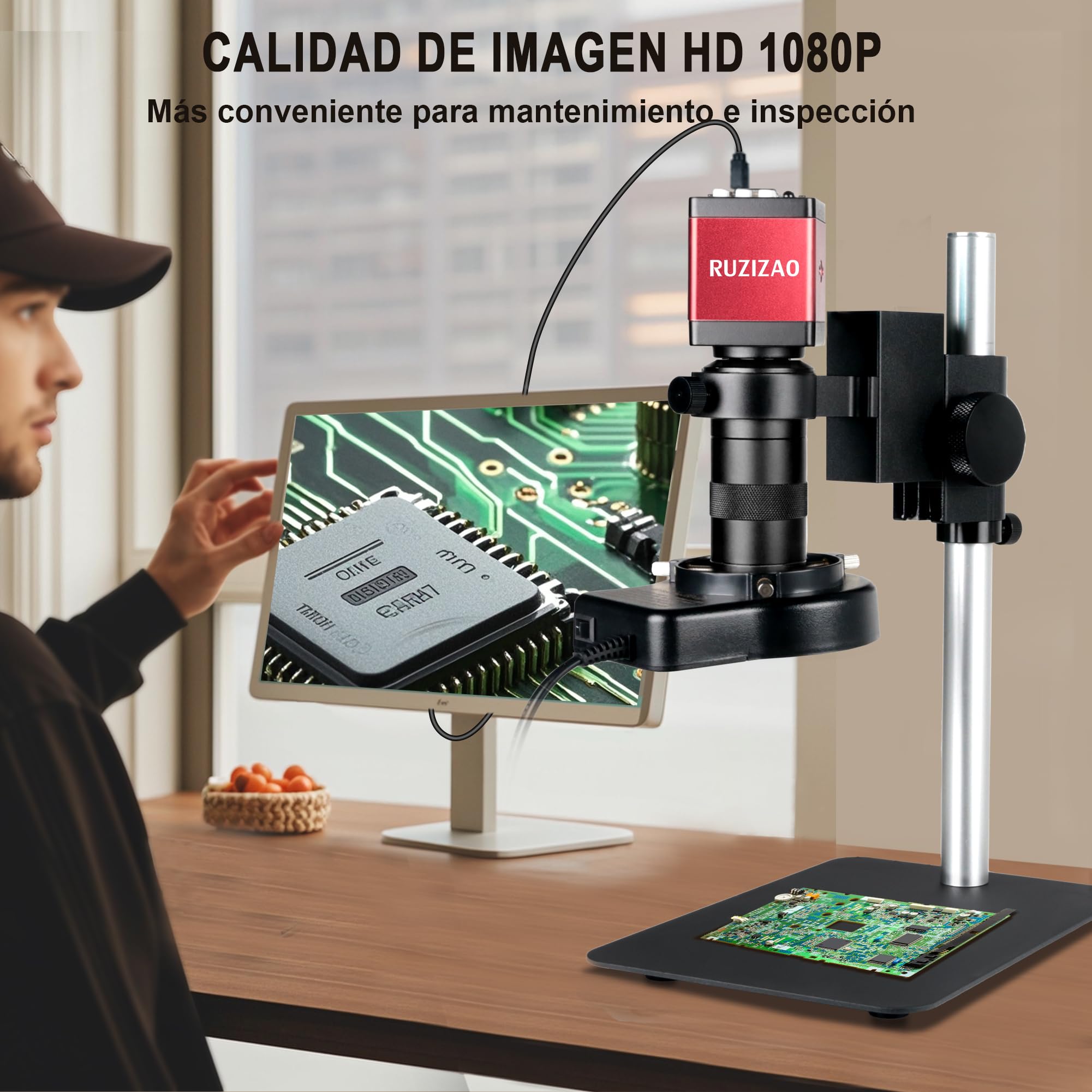 Microscopio digitale, microscopio industriale 1080p, interfaccia HDMI VGA, obiettivo C-baionetta ad alta definizione, Zoom 130x, lampada ad anello LED, con base metallica, per manutenzione