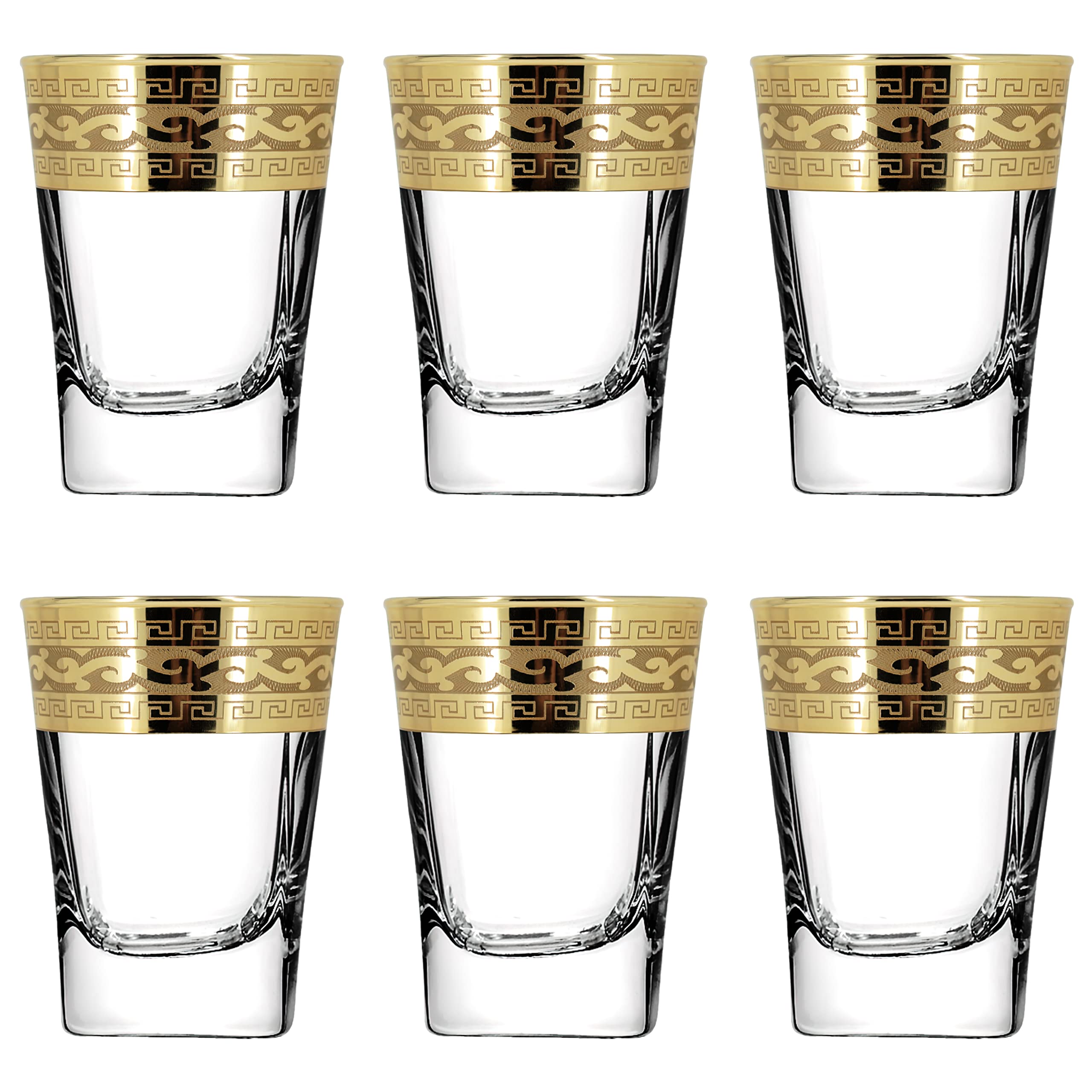 Roman Deluxe Shot Glasses Set of 6 with Unique Unusual Gold Rim Decor/Fancy Vodka Shots/Pretty Tequila Shot Glasses/Heavy Base - 80ml - Gift Set for Women or Men (Gold Classic Decor)