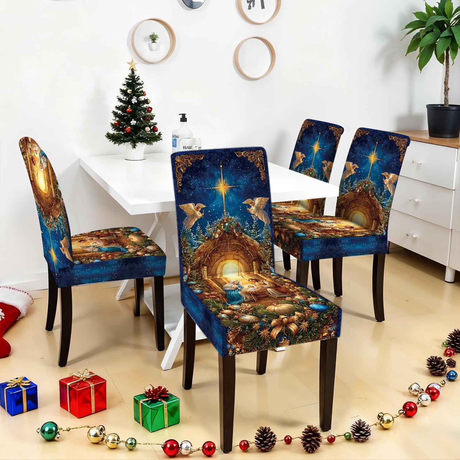 Nativity Scene Chair Covers Set of 4, Stretchable Dining Chair Slipcovers with Christmas Angels and Star for Holiday Décor
