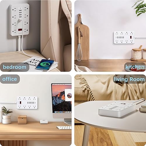 Miniatura 7 de HUNIAN - Cable de extensión de 10 pies de largo, regleta de alimentación con 8 tomas ampliamente espaciadas, 6 USB, estación de carga de montaje en