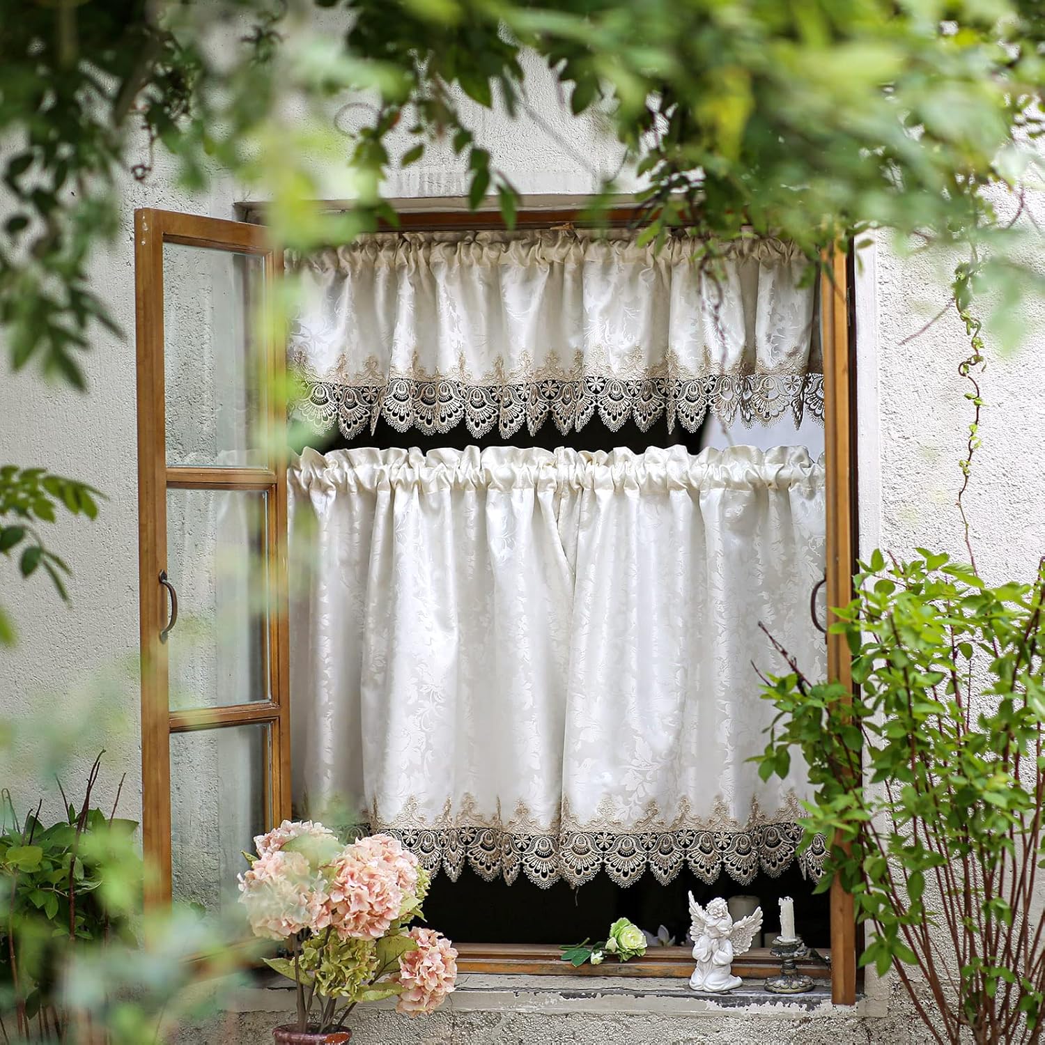 SUTAVIA Curtains Tiers and Valance Set 3 Pieces Spring Vintage Printed Windows Treatment Rod Pocket Farmhouse Cafe Curtains Set for Kitchen Bedroom Living Room (Beige, 54"x18"+27"x24"x2)