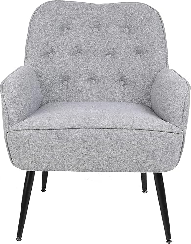 Miniatura 6 de Goujxcy Silla moderna de mediados de siglo para sala de estar, silla de barril tapizada con botones de lino con patas de metal negro para sala de