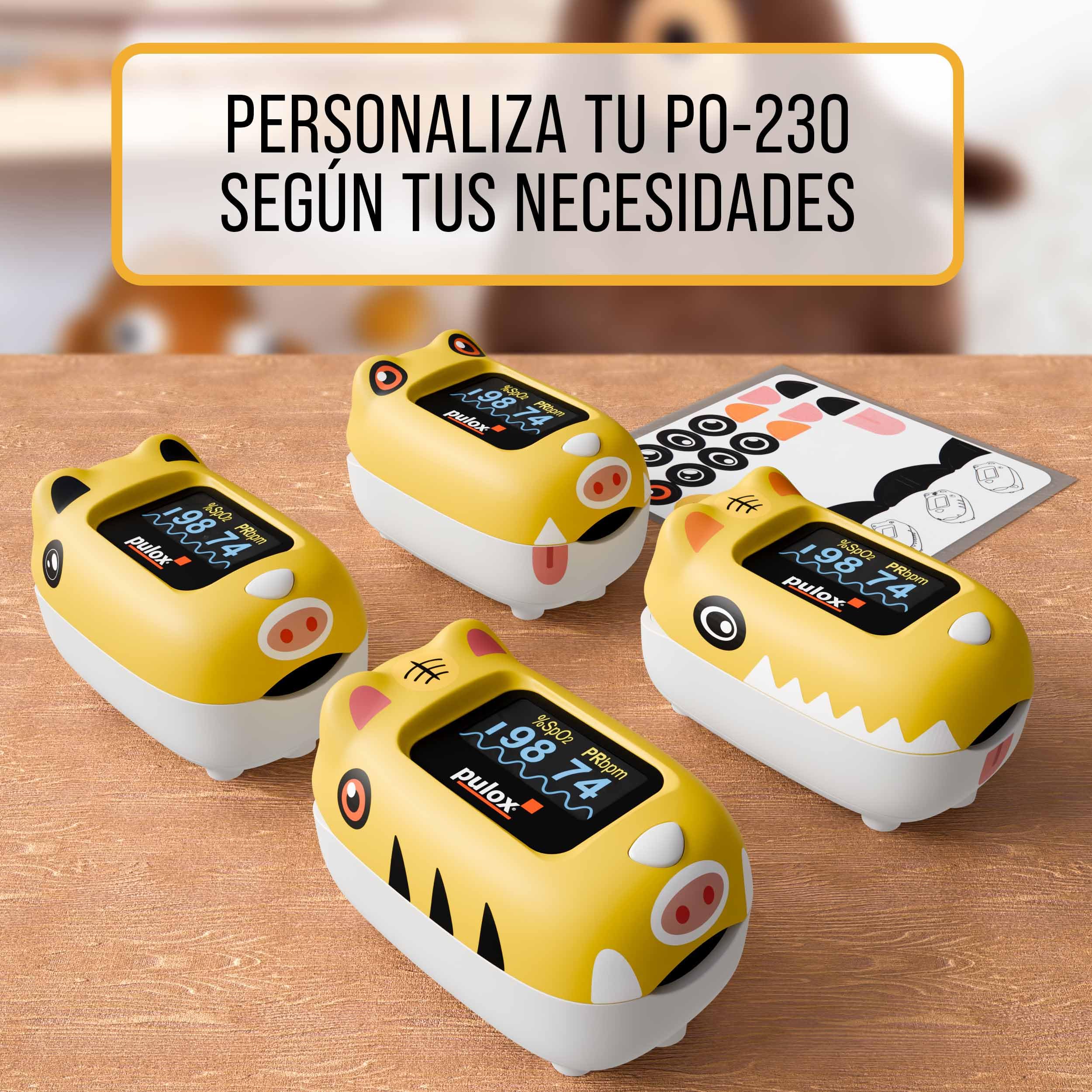 Pulox PO-230 Pulsioxímetro para niños - En amarillo con pegatinas - Medición de la saturación de oxígeno y la frecuencia cardíaca