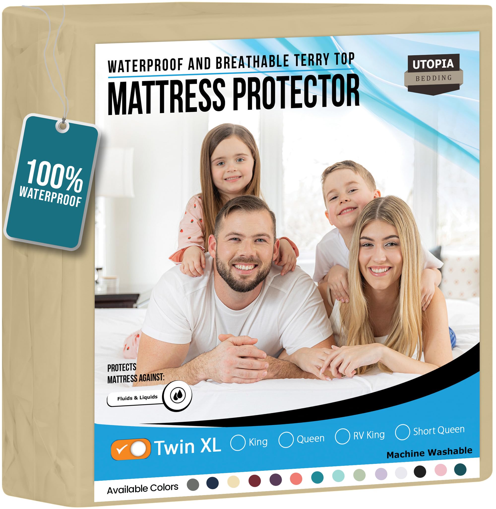Utopia Bedding Waterproof Mattress Protector Twin XL Size, Premium Terry Mattress Cover 200 GSM, Breathable, Fitted Style with Stretchable Pockets (Beige)