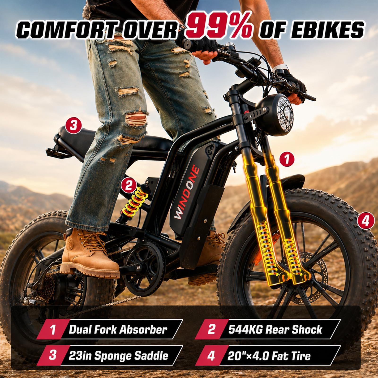 Windone E2 Electric Bike for Adults - 1000W Peak 20" Fat Tire Electric Dirt Ebike, Up to 32KM/H, 75KM Range, 48V 13Ah Removable Battery, Moped Style All-Terrain E Bike for Commuting & Off-Road - 4