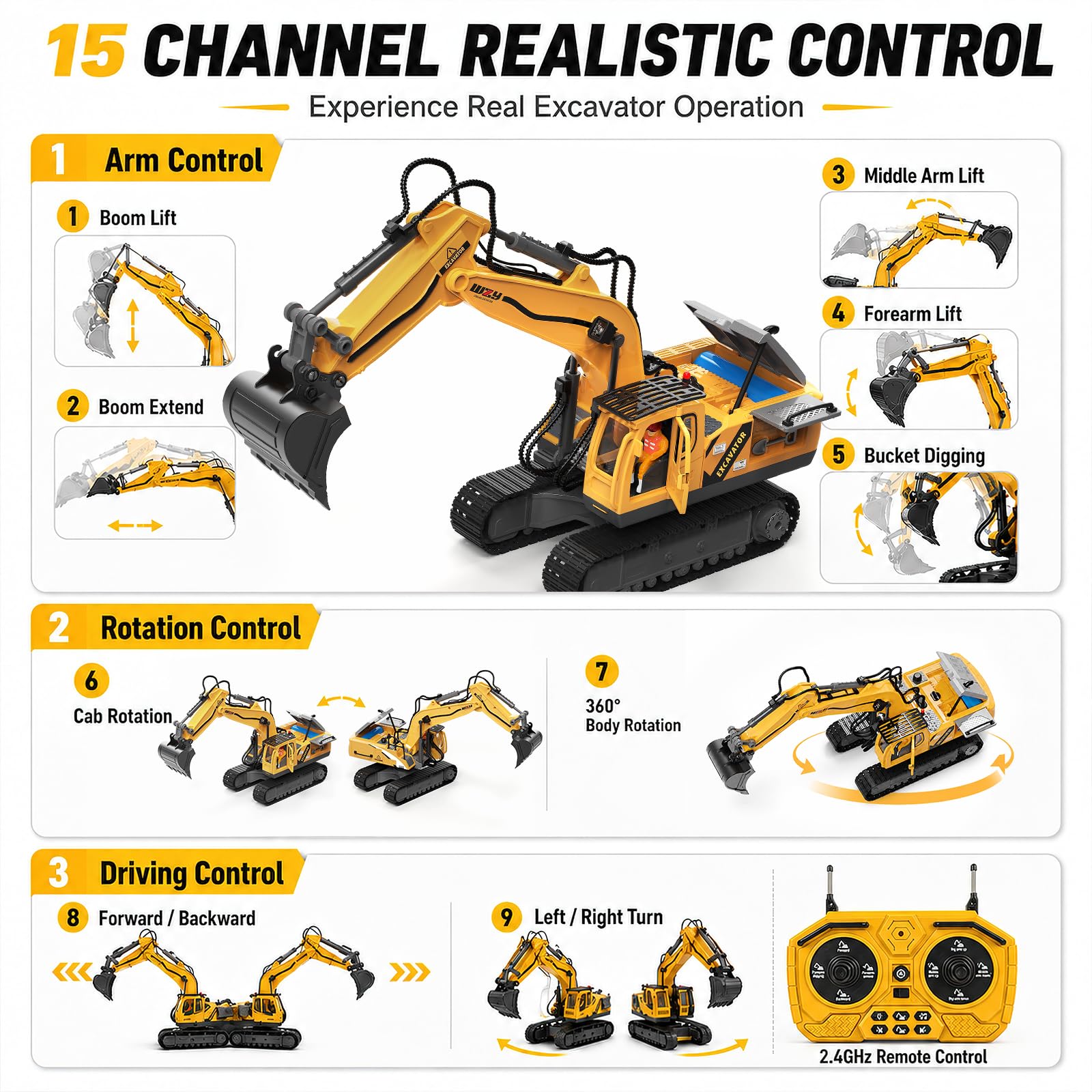 YESHIN RC Bagger, 15-Kanal Ferngesteuerter Metall Bagger mit Sandkasten Kasten & Modelliersand, Realistischer Kettenbagger mit Legierungsschaufel, Bagger Spielzeug Set Geschenk für Kinder ab 3 Jahren