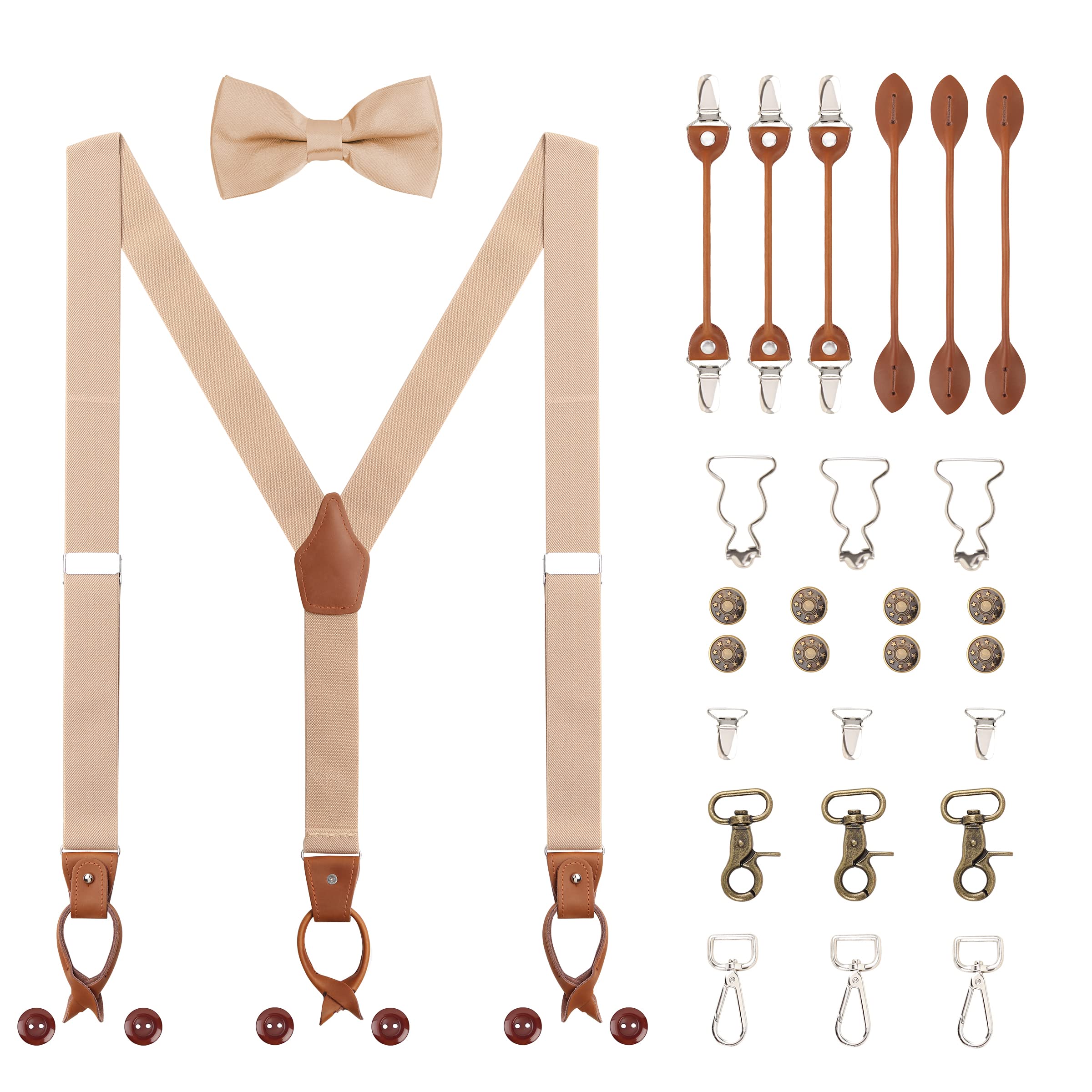 Ensemble de Bretelles en Y Forme 3,5 cm de Large & Noeud Papillon pour Hommes, 6 FAÇONS DE PORTER Bouton - Clip - Fermoir à homard - Fermeture Salopette, Bretelles Allongées pour Grandeur 160-200cm