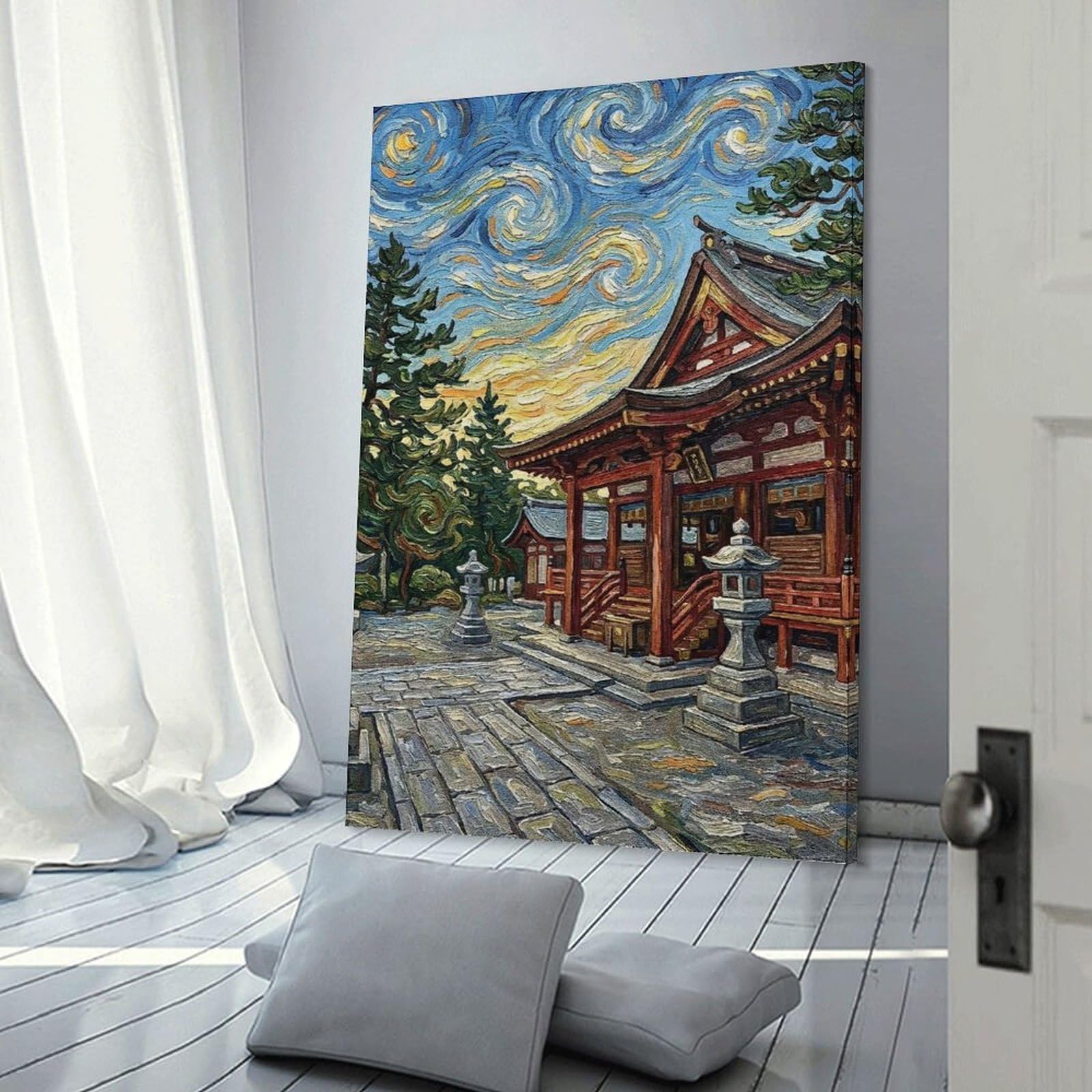Junmoney Japanese Temple in Van Gogh Style Wall Picture Print 20x30inch(50x75cm), for Corridors, Hallways Or Apartment Entries, Wall Decor to Refresh Empty Corners